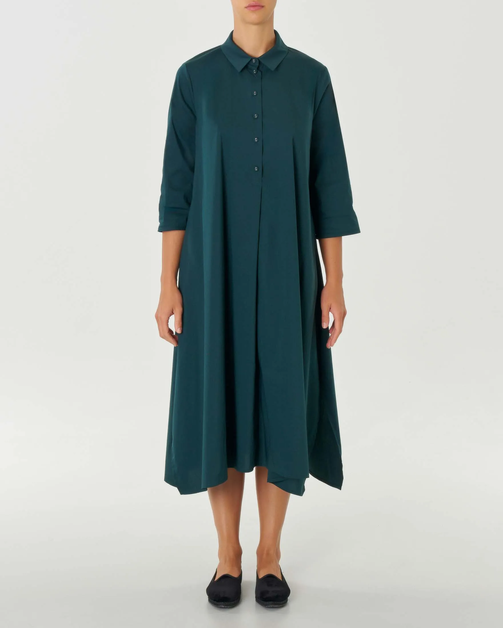 Abiti lungo verde petrolio chemisier in popeline di cotone stretch con maniche tre quarti