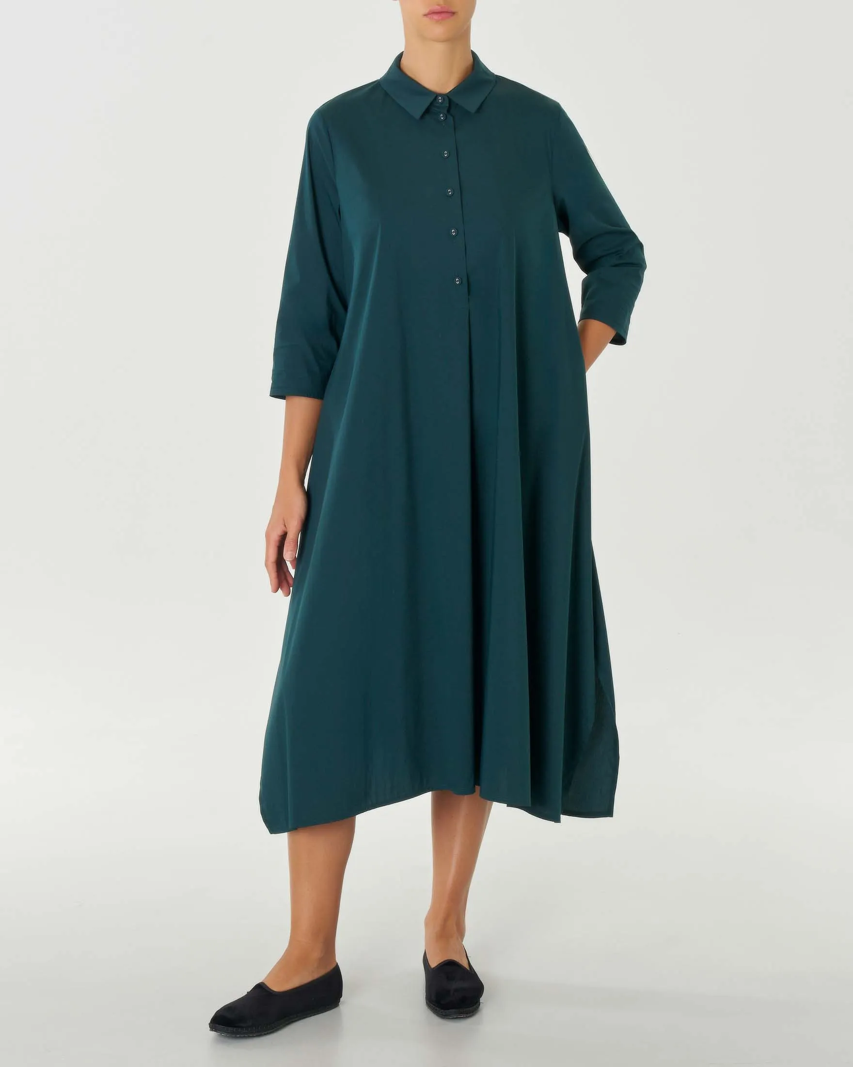 Abiti lungo verde petrolio chemisier in popeline di cotone stretch con maniche tre quarti