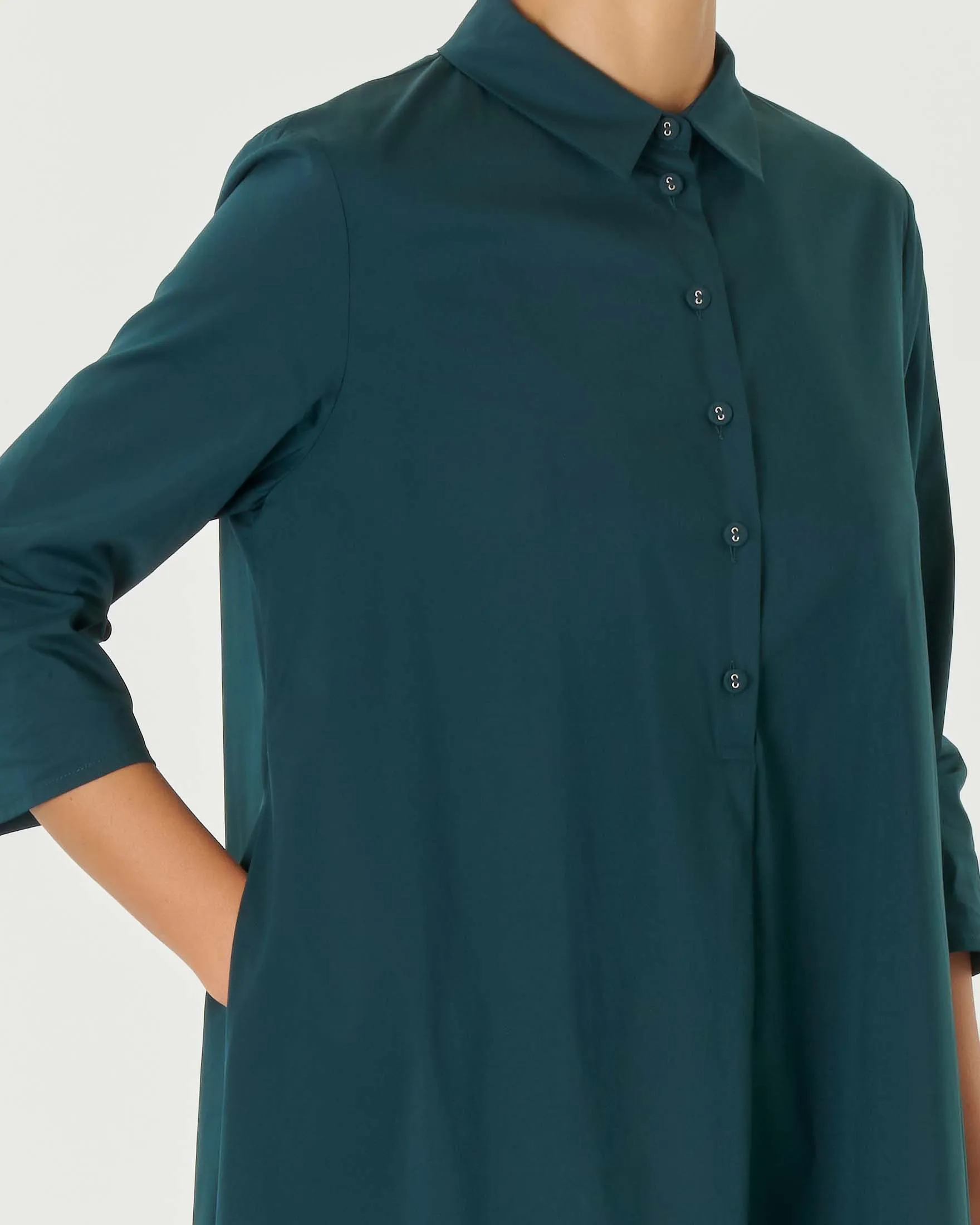 Abiti lungo verde petrolio chemisier in popeline di cotone stretch con maniche tre quarti