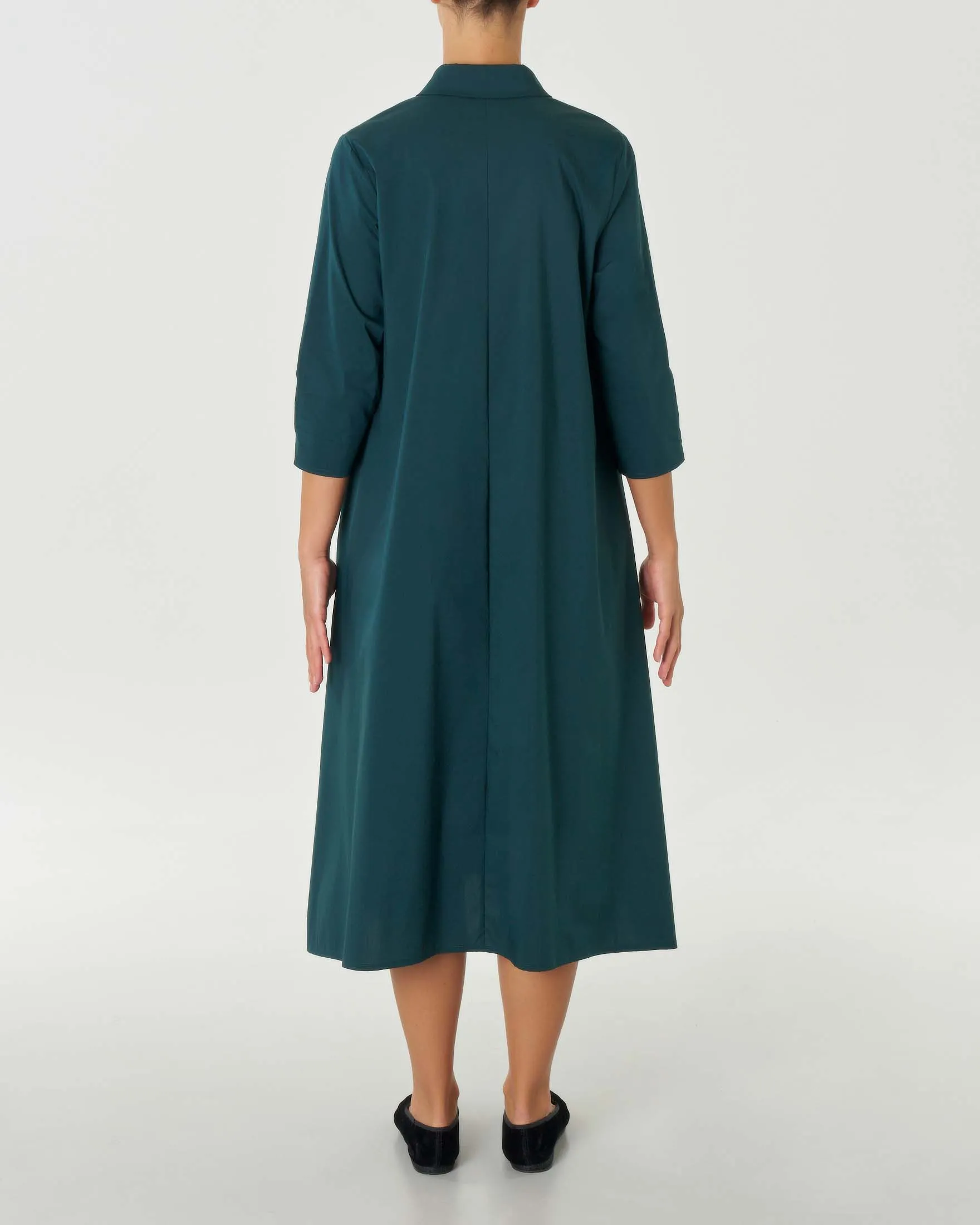 Abiti lungo verde petrolio chemisier in popeline di cotone stretch con maniche tre quarti