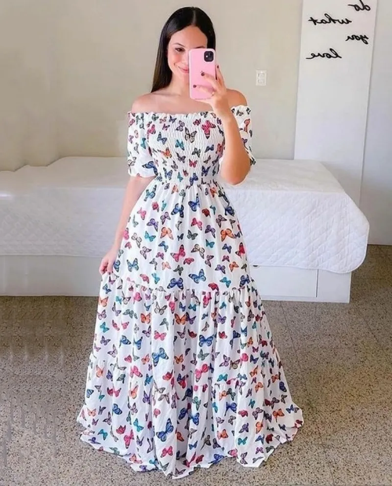 Abito lungo da donna con spalle scoperte per le vacanze estive Abito da spiaggia con cinturino a maniche corte a maniche corte a