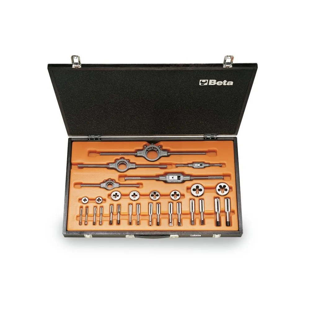 Assortimento di maschi e filiere con accessori in acciaio al cromo filettatura UNF in cassetta di legno - Beta 446ASF/C29