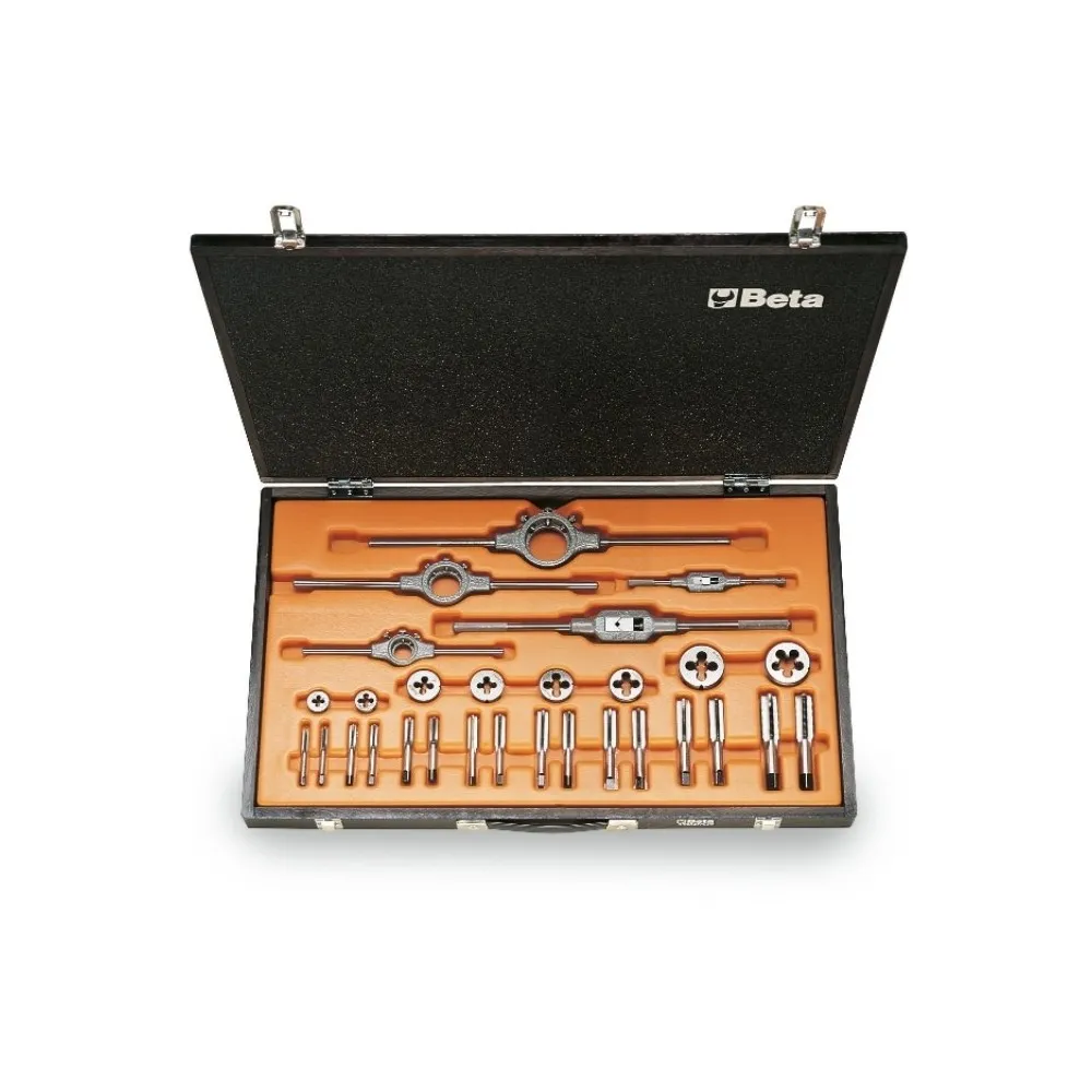 Assortimento di maschi e filiere con accessori in acciaio al cromo filettatura UNF in cassetta di legno - Beta 446ASF/C29