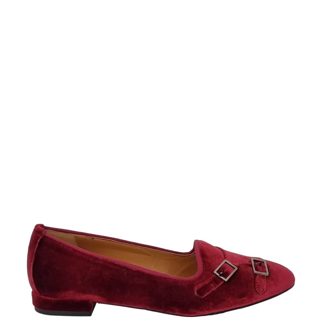 Ballerine a due fibbie in velluto bordeaux con tacco basso F/W