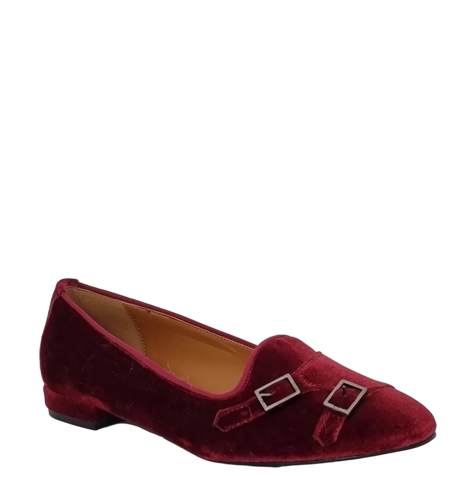 Ballerine a due fibbie in velluto bordeaux con tacco basso F/W