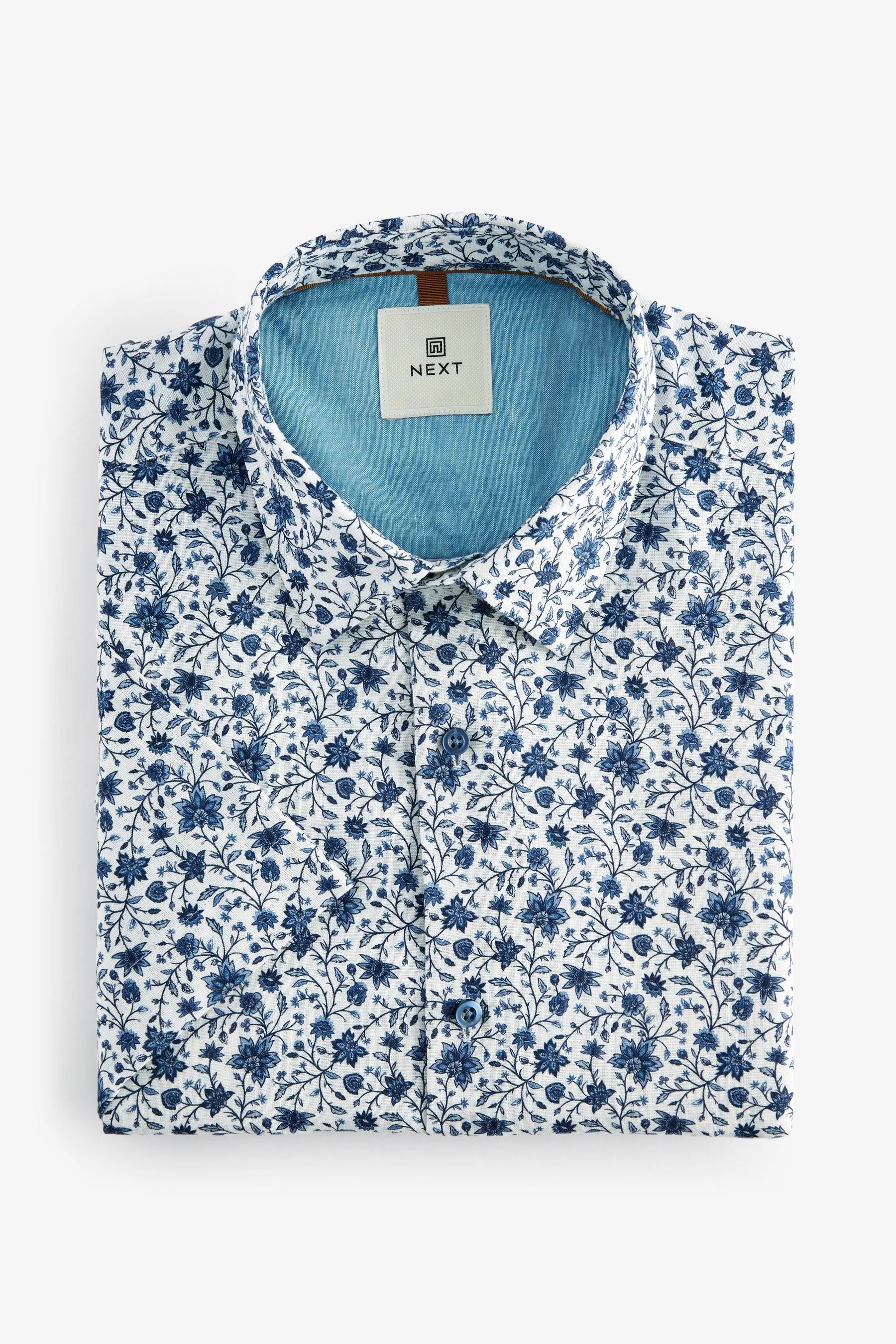 Bianco/blu floreale  - Camicia in Blend lino stampata