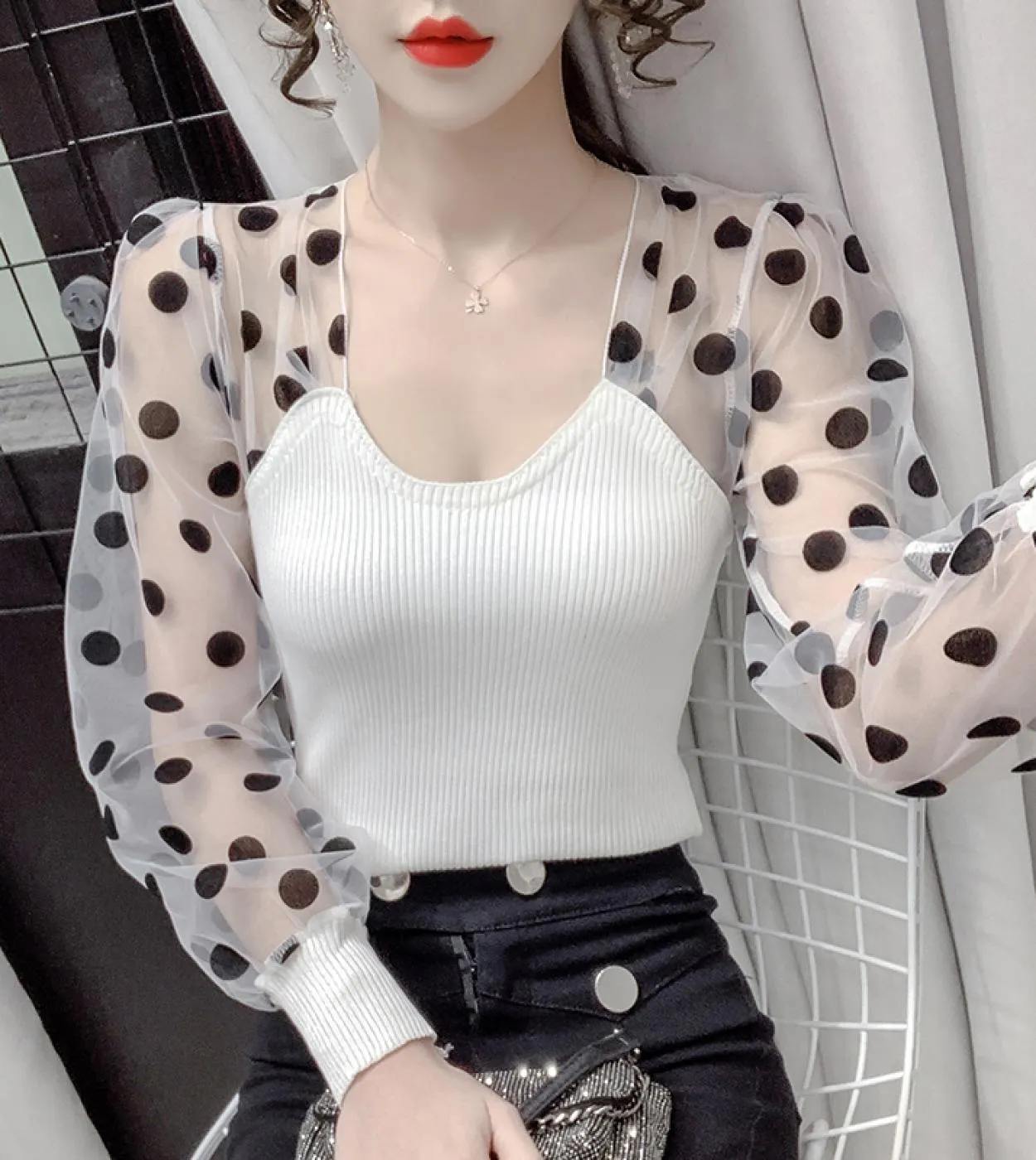 Camicetta da donna con colletto quadrato patchwork francese Camicetta in cotone lavorato a maglia in chiffon a pois moda Manicot