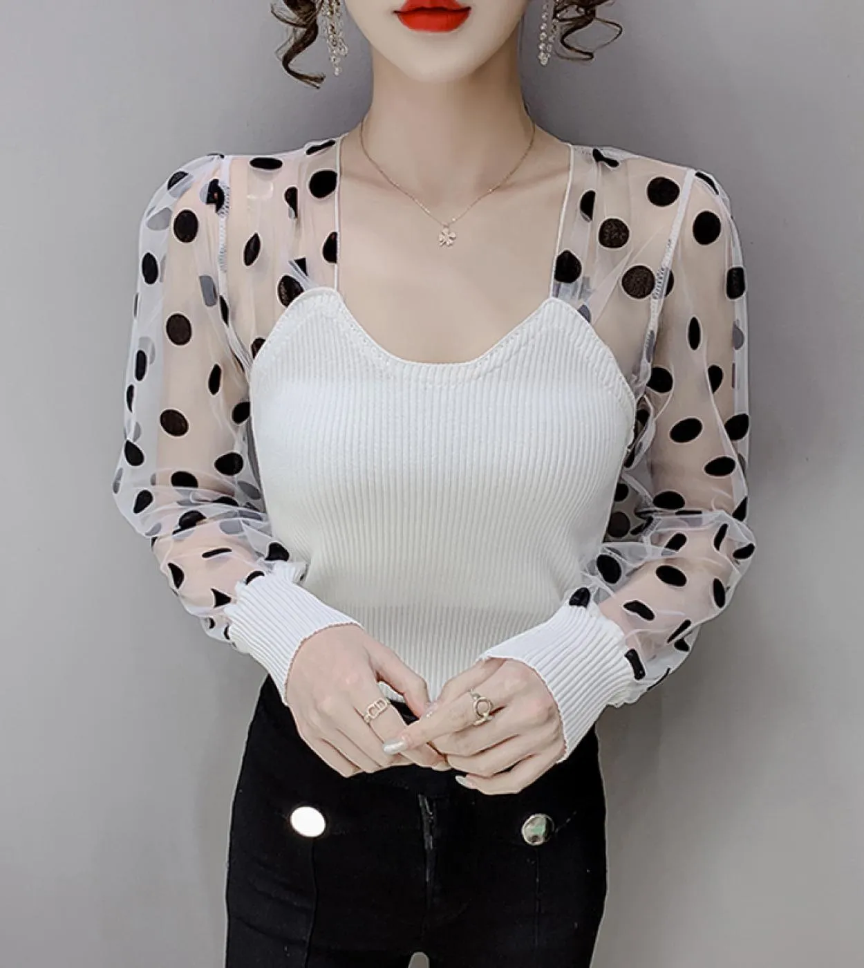 Camicetta da donna con colletto quadrato patchwork francese Camicetta in cotone lavorato a maglia in chiffon a pois moda Manicot