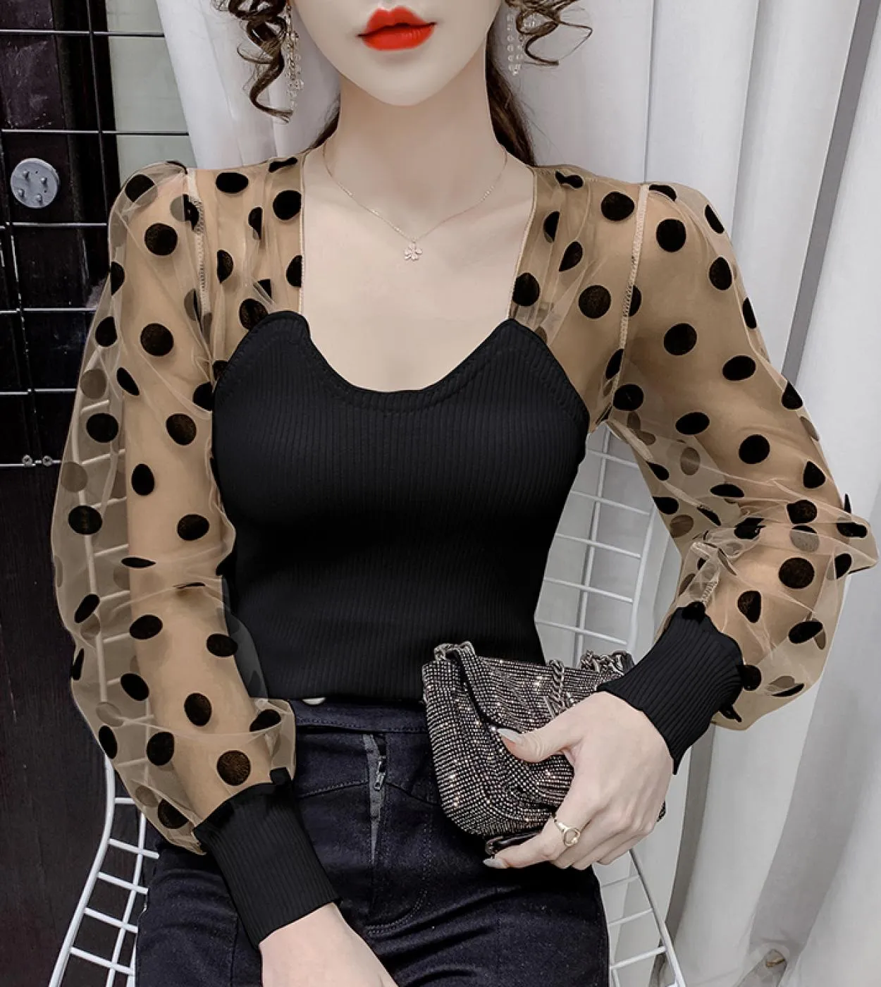 Camicetta da donna con colletto quadrato patchwork francese Camicetta in cotone lavorato a maglia in chiffon a pois moda Manicot