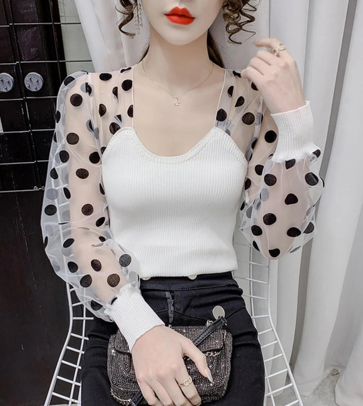 Camicetta da donna con colletto quadrato patchwork francese Camicetta in cotone lavorato a maglia in chiffon a pois moda Manicot