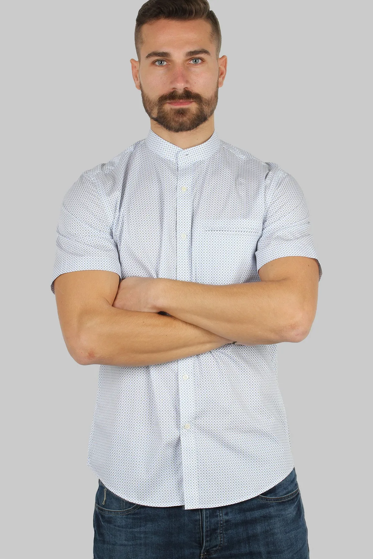 Camicia coreana mezza manica con microfantasia a contrasto