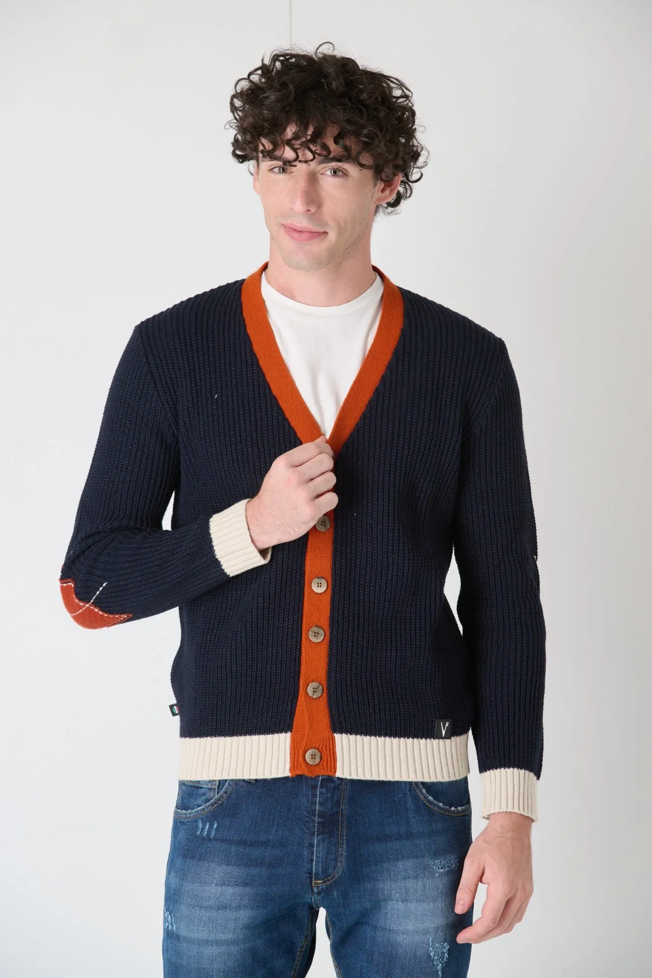 Cardigan Tre Colori Blu con Toppe ricamate in tessuto V2