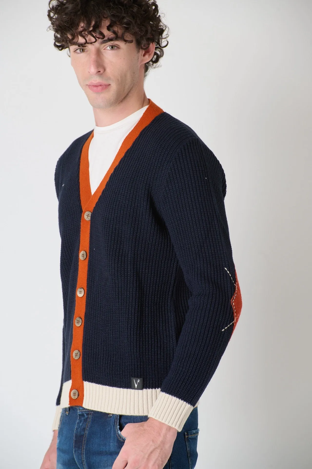 Cardigan Tre Colori Blu con Toppe ricamate in tessuto V2