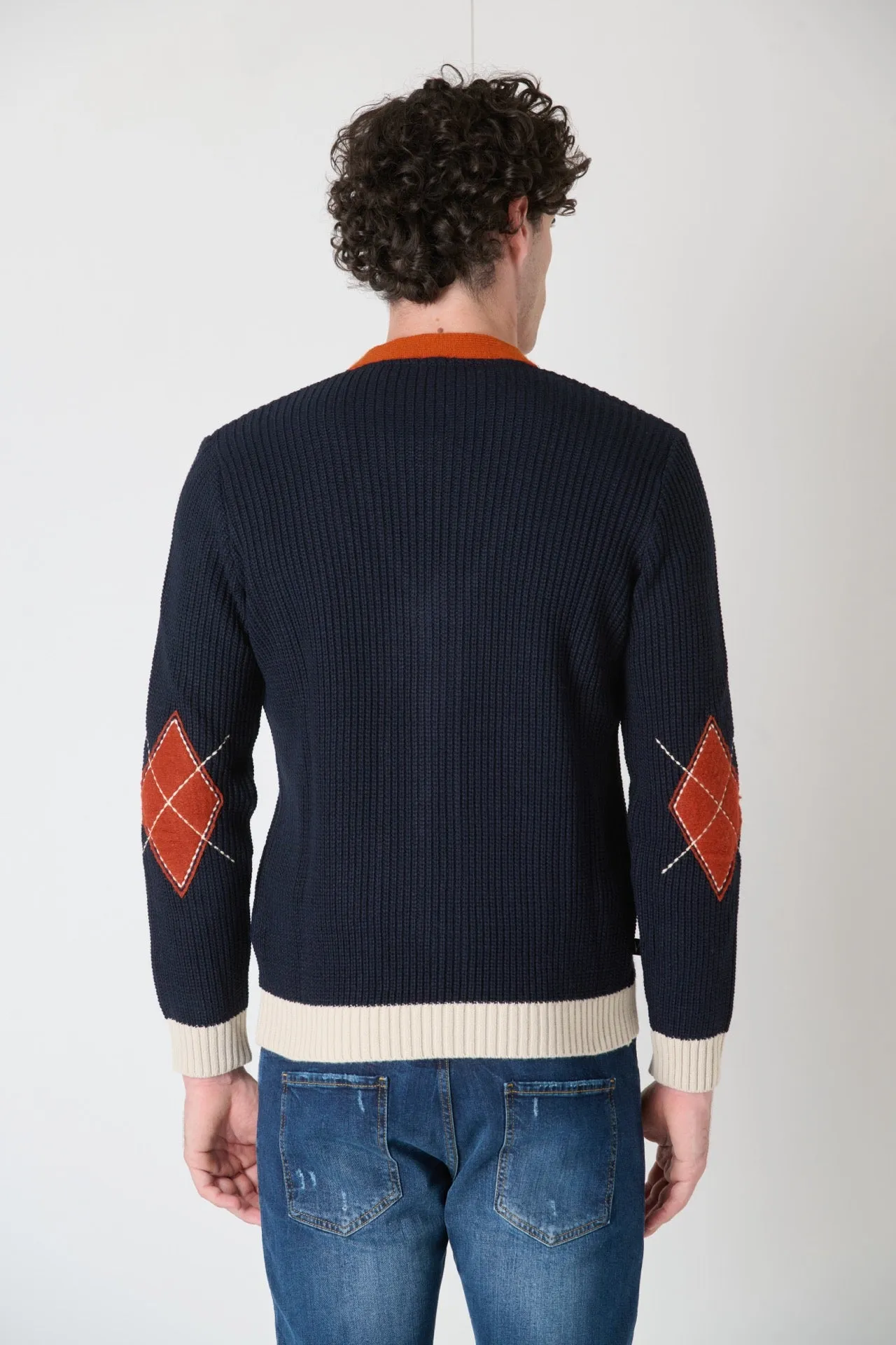 Cardigan Tre Colori Blu con Toppe ricamate in tessuto V2