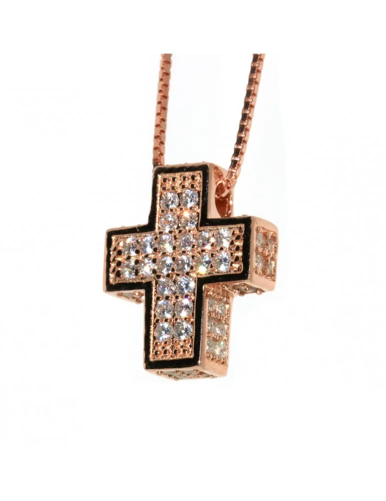 Collana argento 925 croce 3D zirconi bagno oro rosa donna