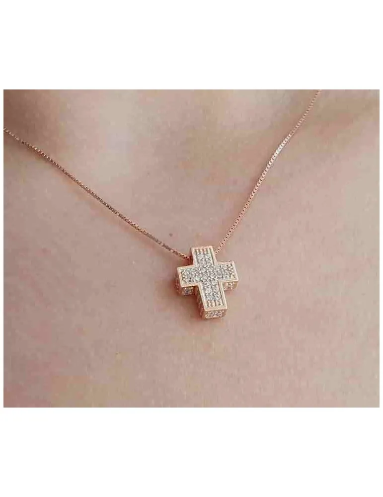 Collana argento 925 croce 3D zirconi bagno oro rosa donna