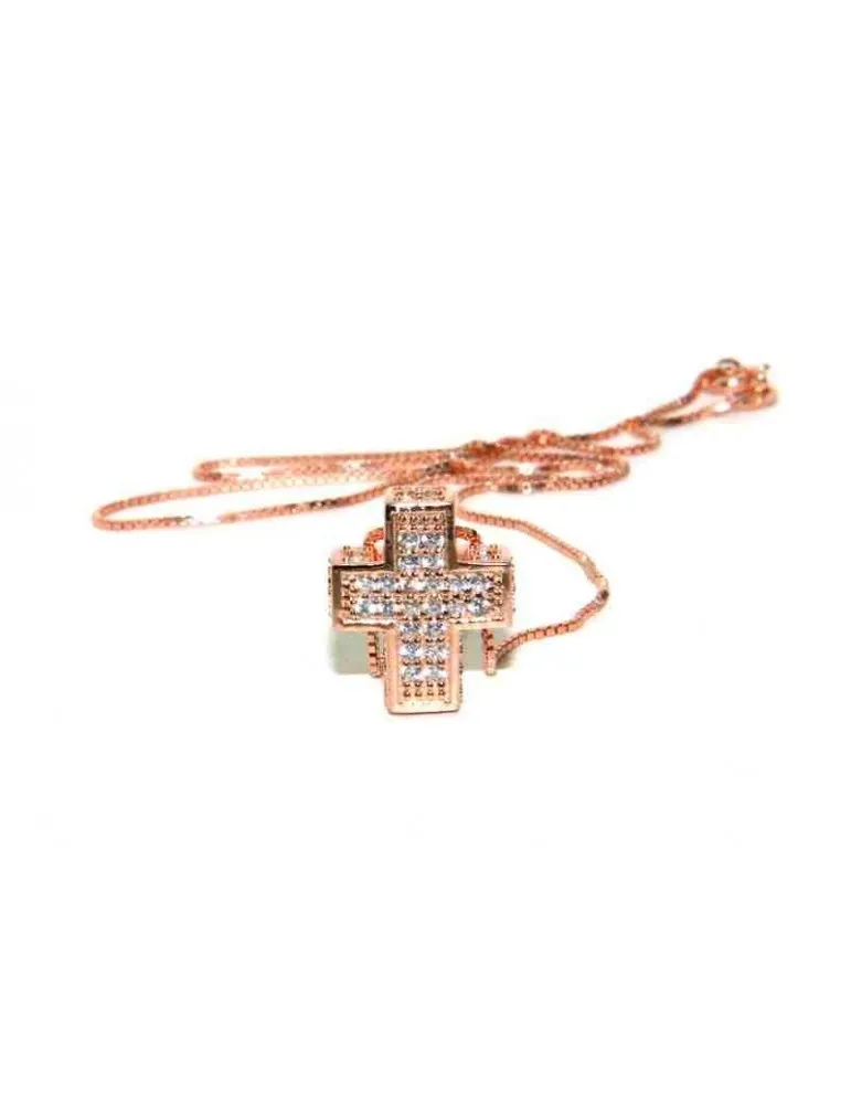 Collana argento 925 croce 3D zirconi bagno oro rosa donna