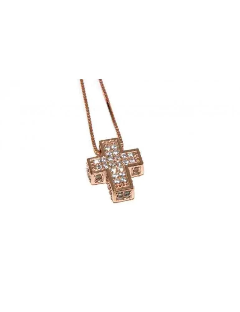 Collana argento 925 croce 3D zirconi bagno oro rosa donna