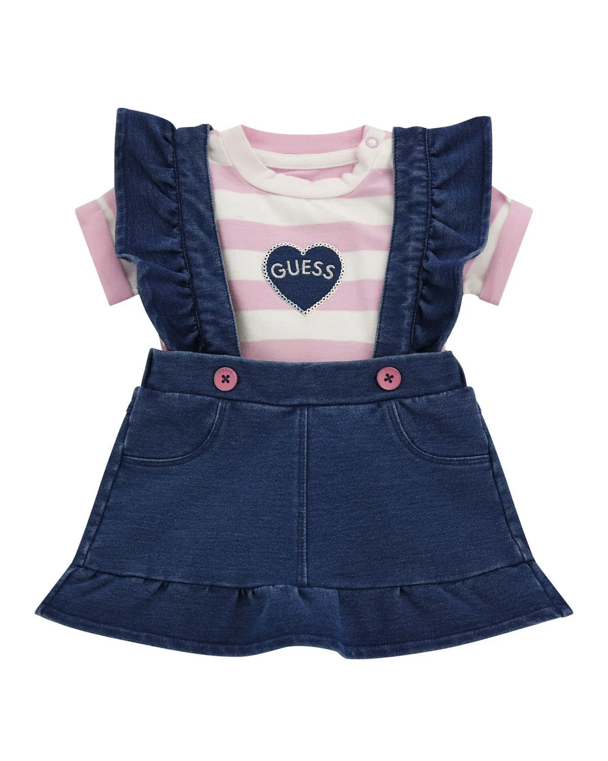 Completo in cotone stretch composto da salopette in denim blu e t-shirt a righe rosa e bianca 9-24 mesi