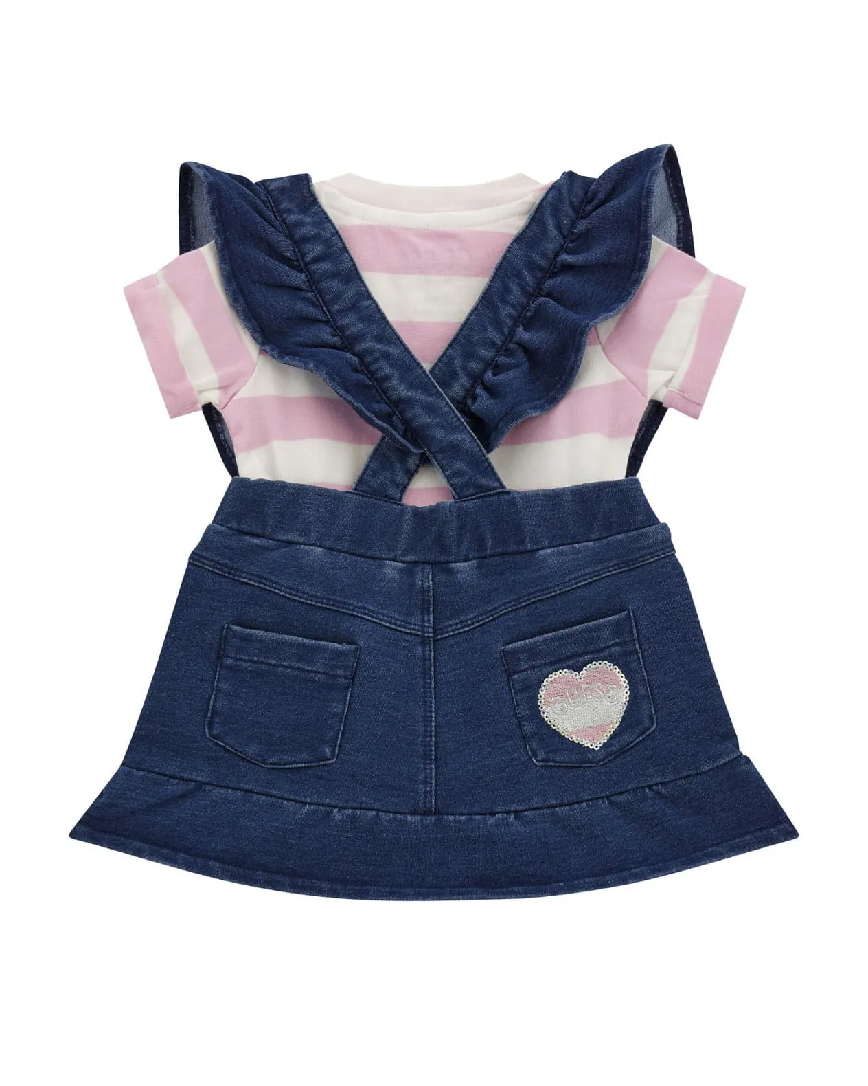 Completo in cotone stretch composto da salopette in denim blu e t-shirt a righe rosa e bianca 9-24 mesi