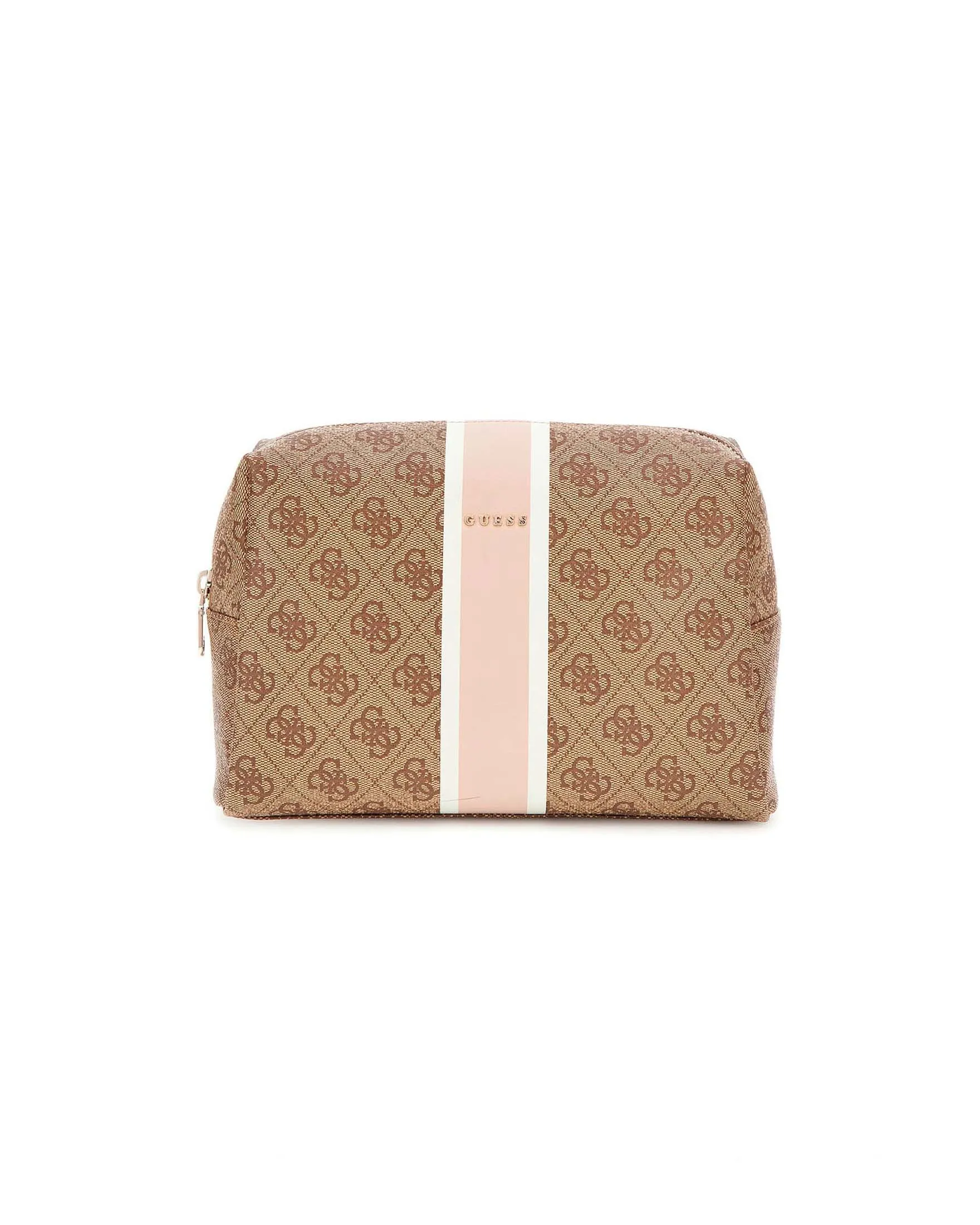Cosmetic bag in similpelle beige a motivo monogram cammello e banda frontale cipria  con logo in metallo