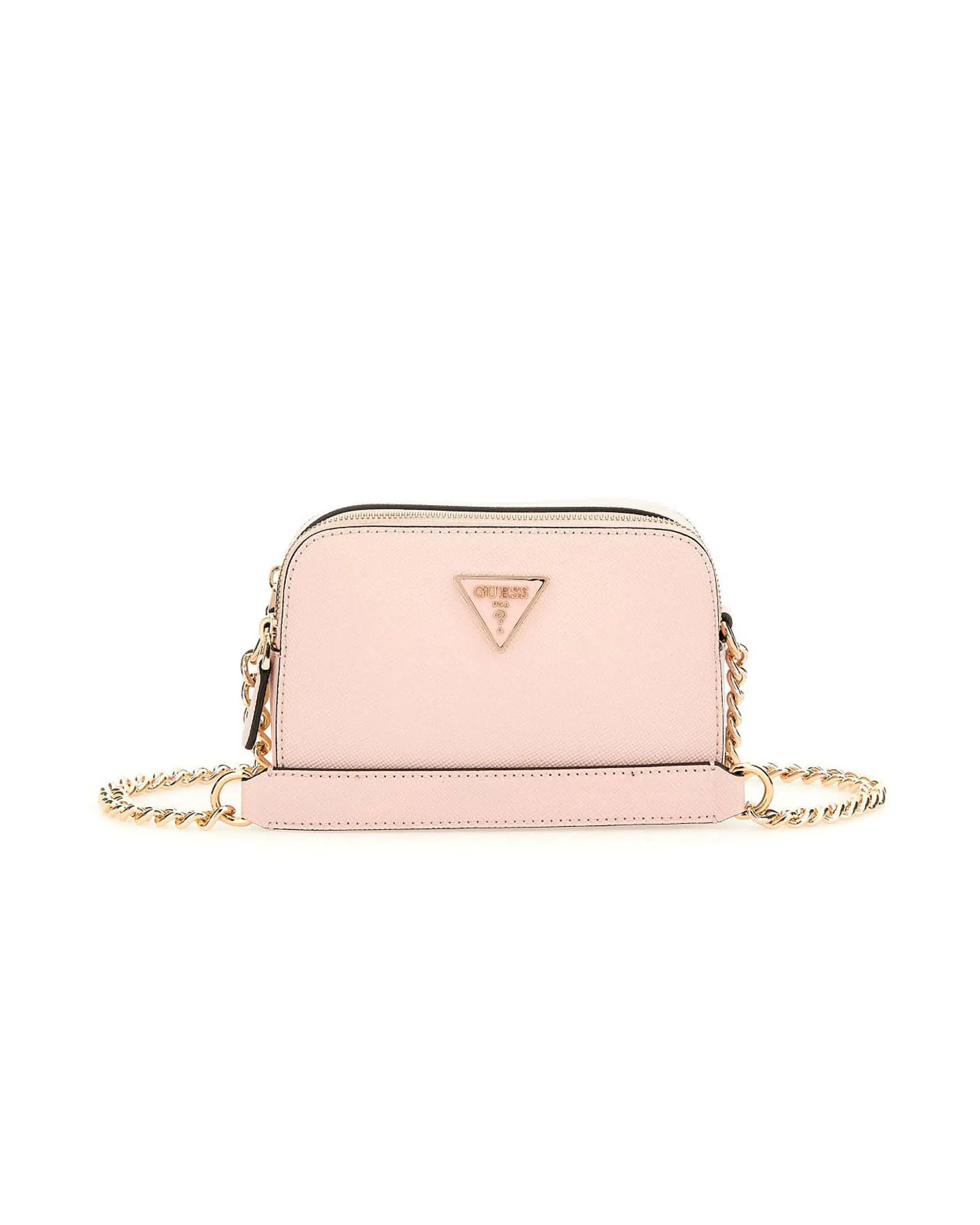 Cross bag color cipria in similpelle saffiano a doppio scomparto con placca logo a triangolo frontale