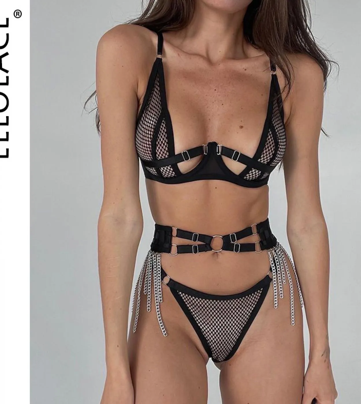 Ellolace Fishnet Lingerie Nappe Reggiseno intimo trasparente Kit push up 3 pezzi Fancy Mesh Outfit Sheer Bilizna Set di