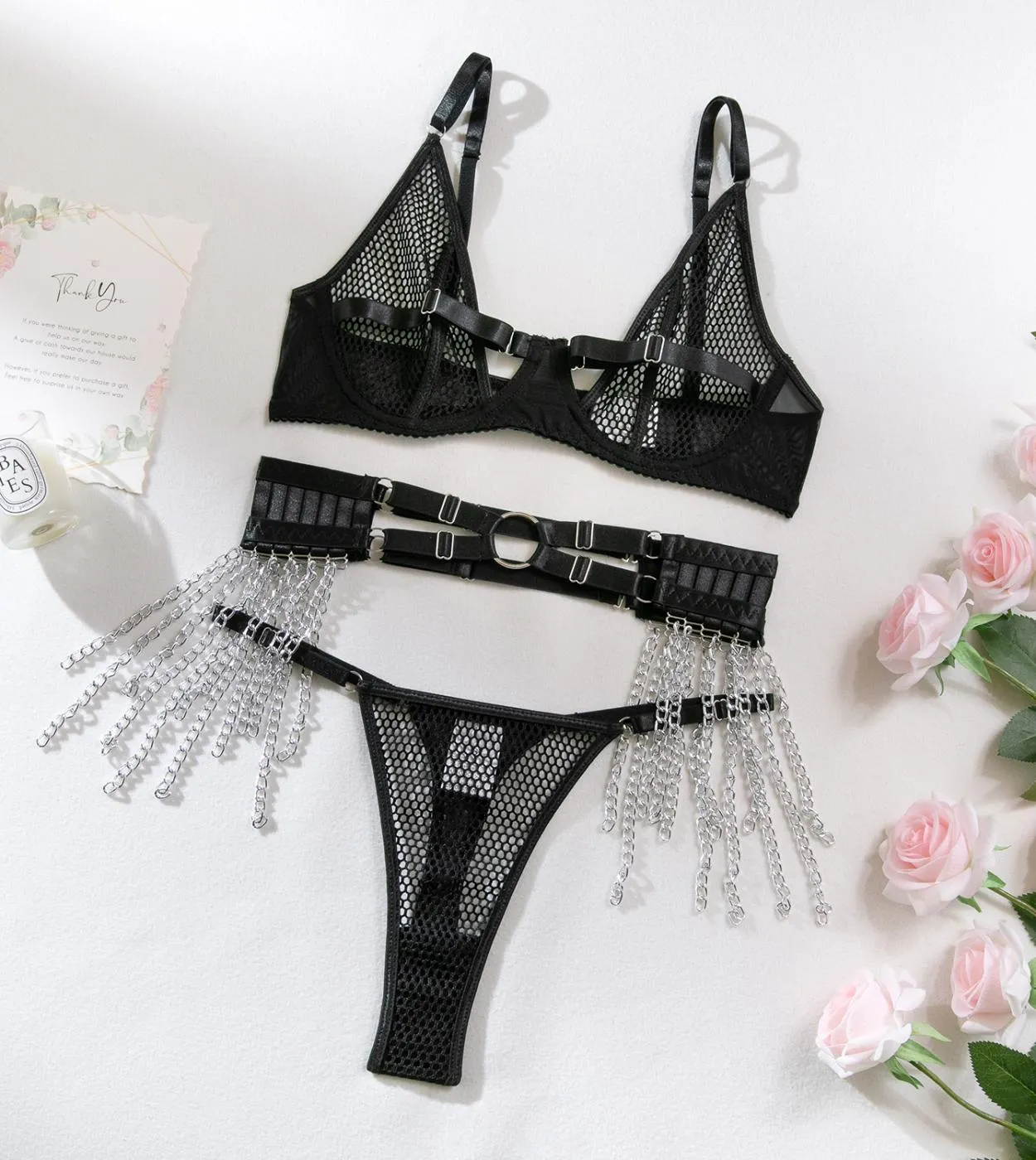 Ellolace Fishnet Lingerie Nappe Reggiseno intimo trasparente Kit push up 3 pezzi Fancy Mesh Outfit Sheer Bilizna Set di