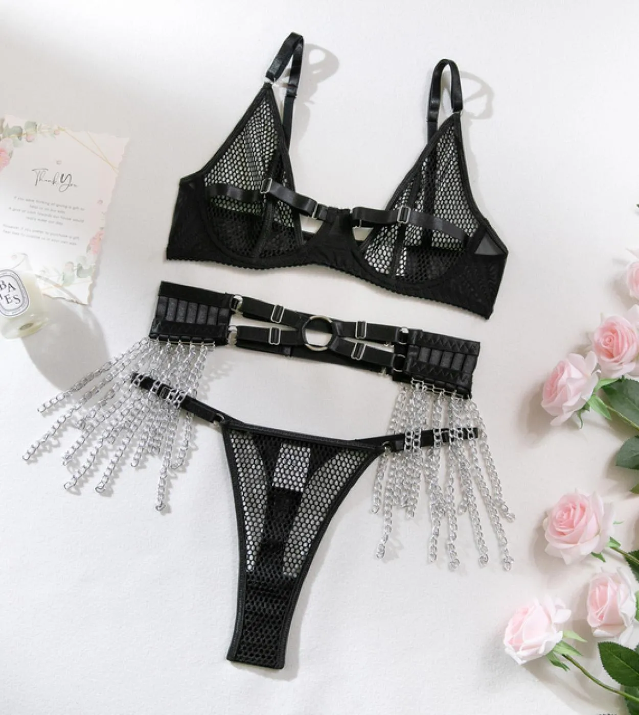 Ellolace Fishnet Lingerie Nappe Reggiseno intimo trasparente Kit push up 3 pezzi Fancy Mesh Outfit Sheer Bilizna Set di