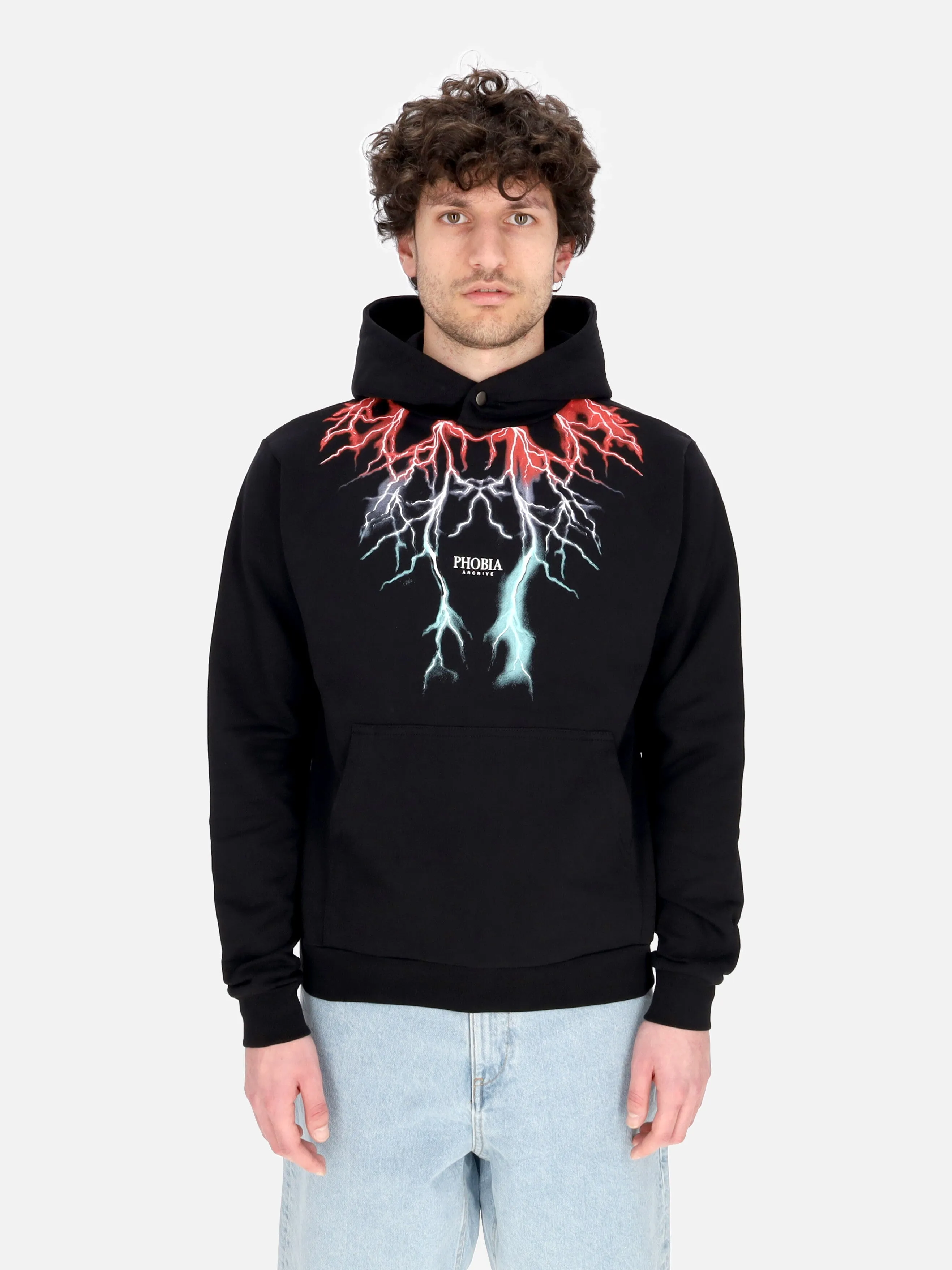 Felpa Leggera Cappuccio Uomo Bicolor Lightning Print Hoodie Black