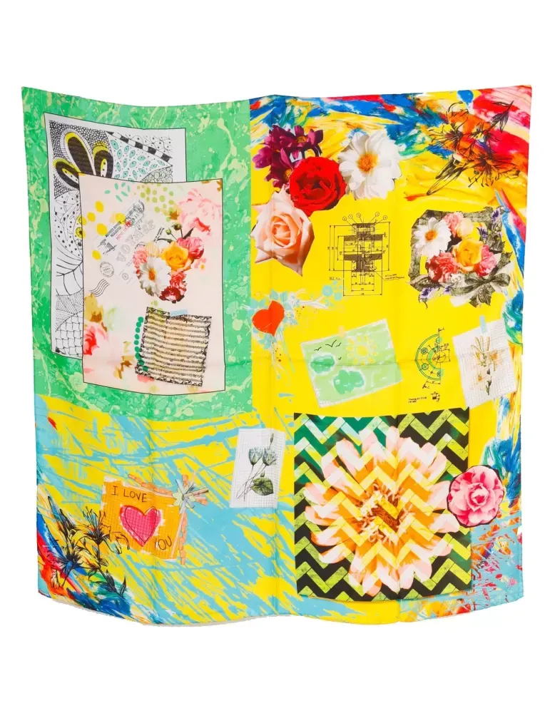 Foulard raso seta gialla fantasia decoupage Laura Biagiotti