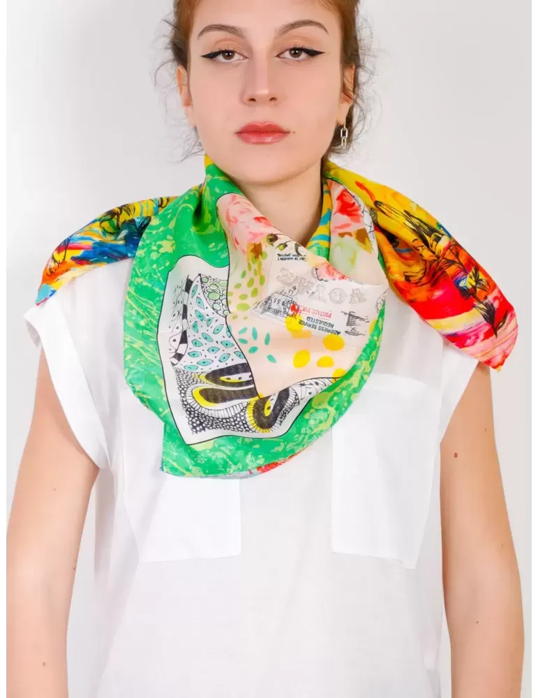 Foulard raso seta gialla fantasia decoupage Laura Biagiotti