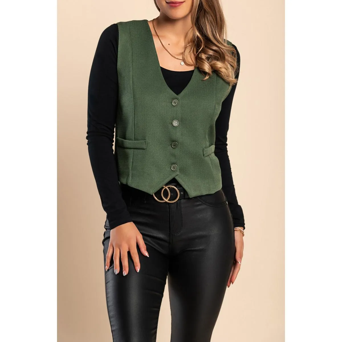 Gilet elegante con bottoni, color kaki