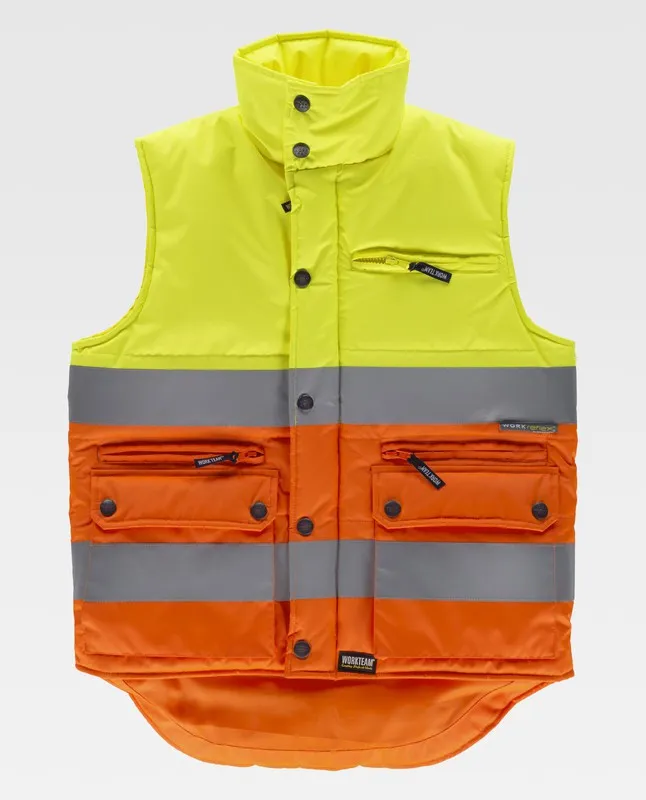 Gilet imbottito bicolore ad alta visibilità con due nastri riflettenti AV giallo AV arancione