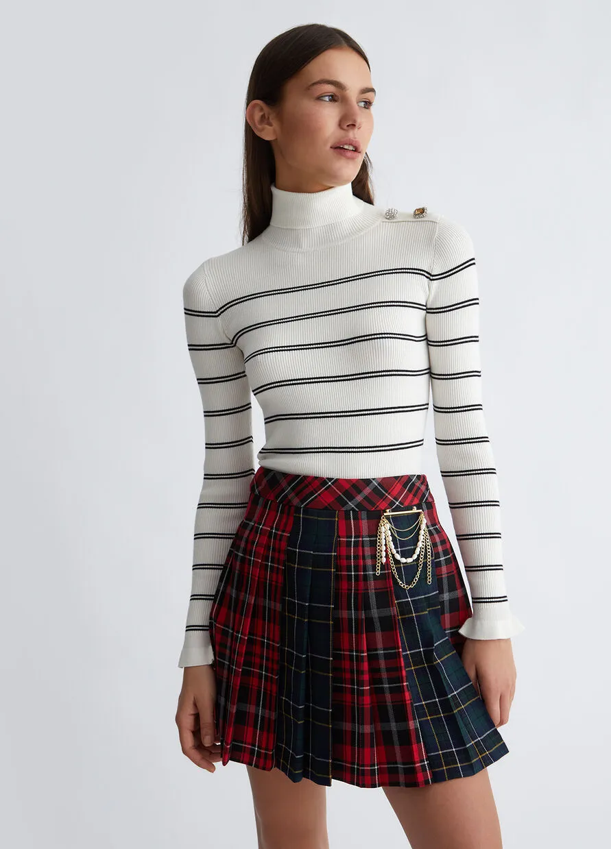 High Neck Sweater with Striped Pattern / White
