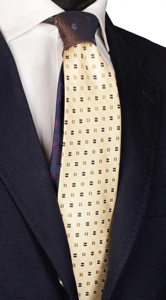 Man Cream Color Silk Tie Brown Beige Pattern Brown Contrast Knot Orange White Pattern N2607
