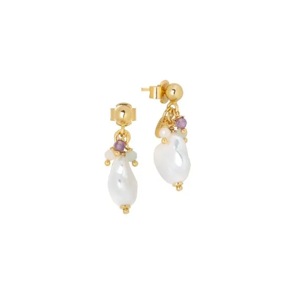Orecchini con perla scaramazza e ciuffetto di perle tonde, ametista, acquamarina, quarzo rosa e morganite pink    