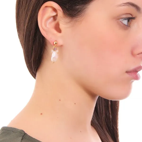 Orecchini con perla scaramazza e ciuffetto di perle tonde, ametista, acquamarina, quarzo rosa e morganite pink    