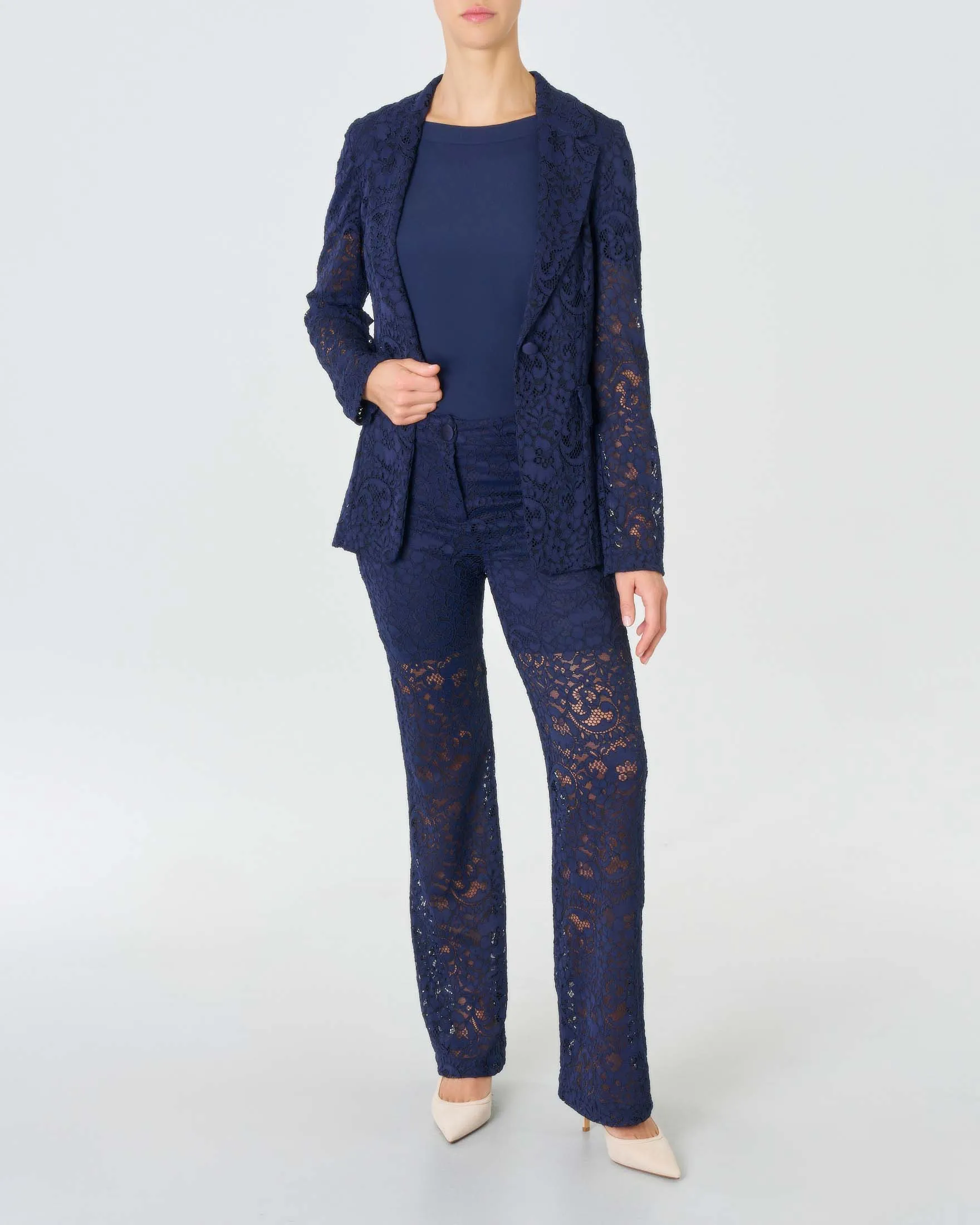 Pantaloni blu in pizzo stretch a zampa