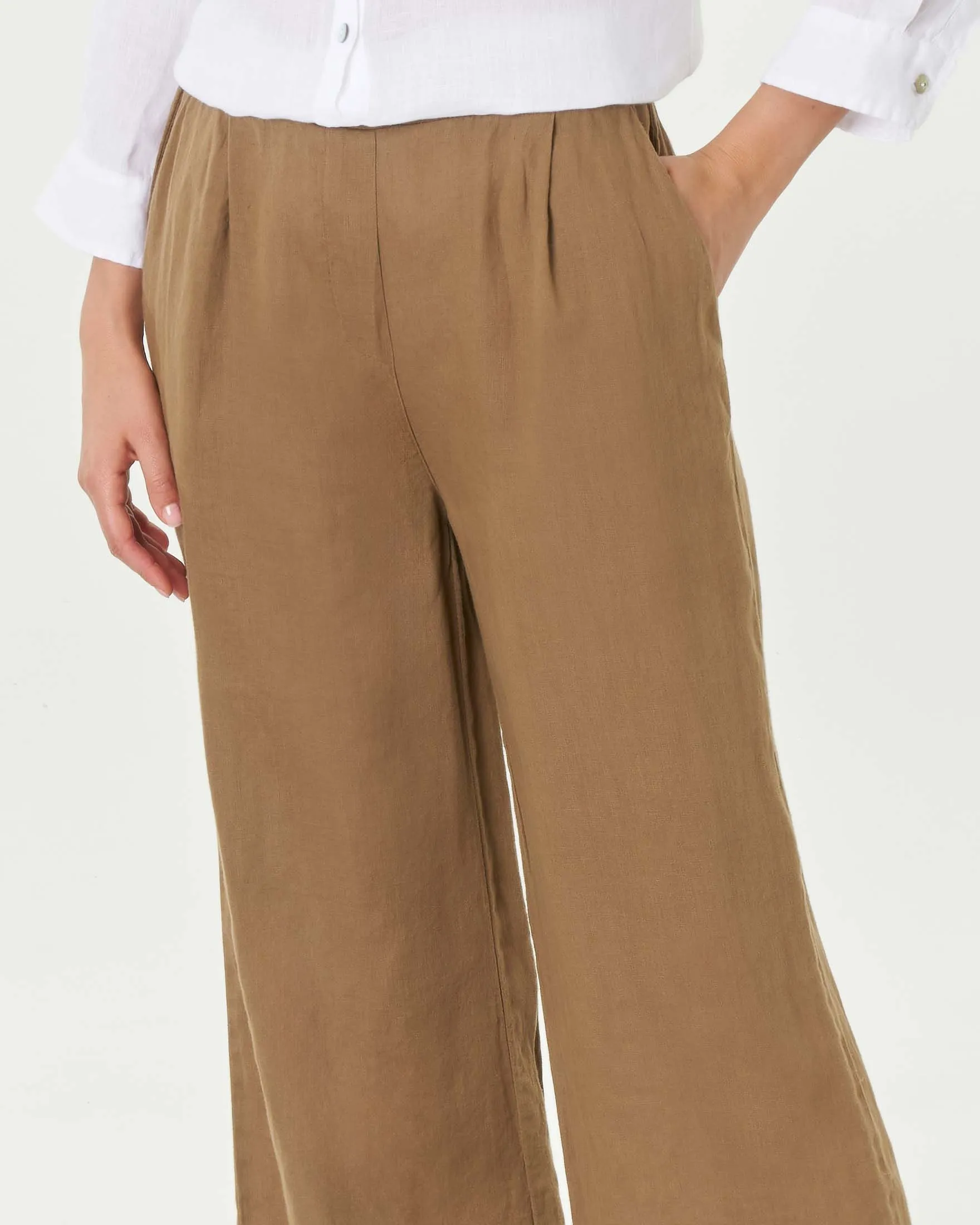 Pantaloni palazzo color cappuccino in lino con elastico inserito in vita