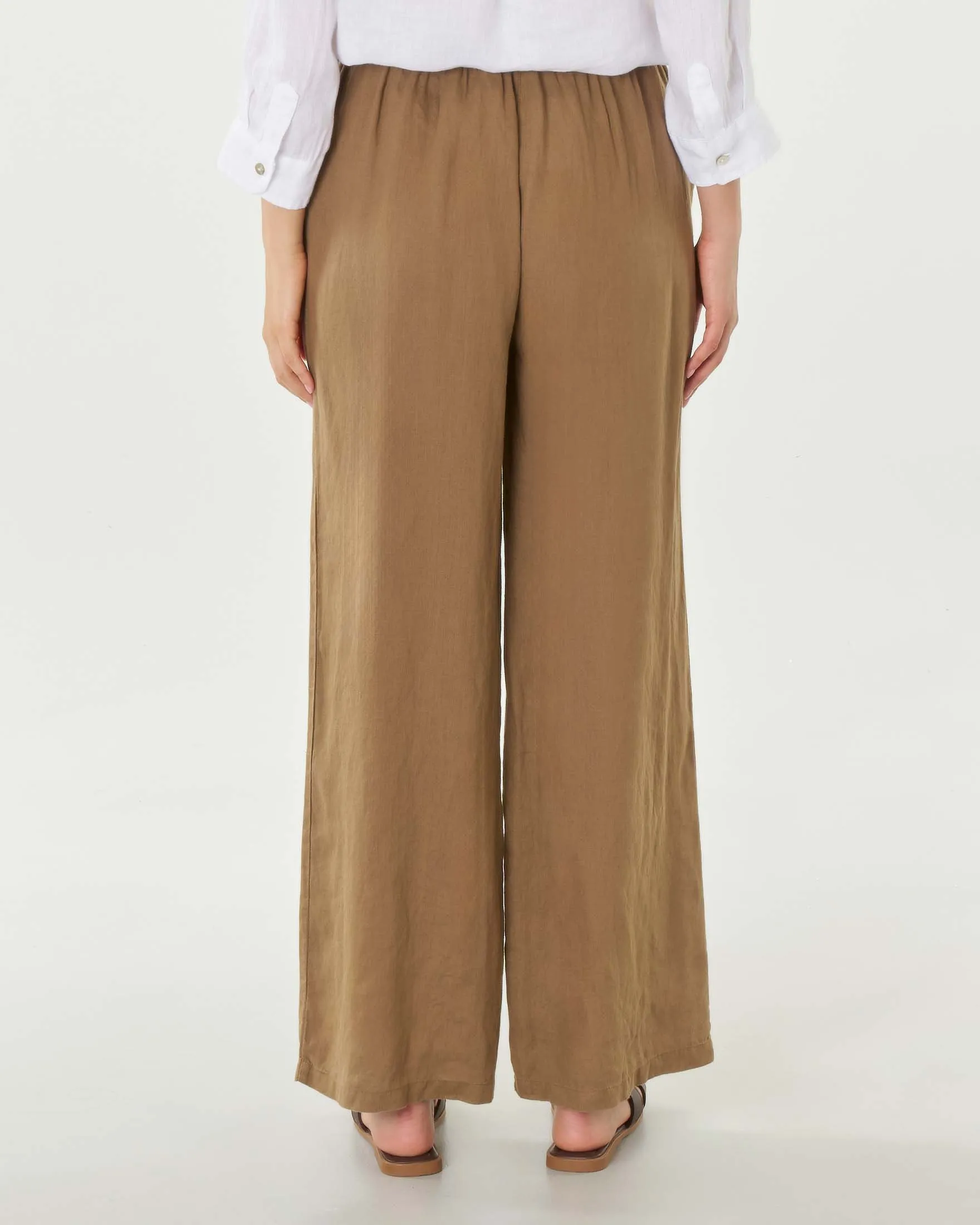 Pantaloni palazzo color cappuccino in lino con elastico inserito in vita
