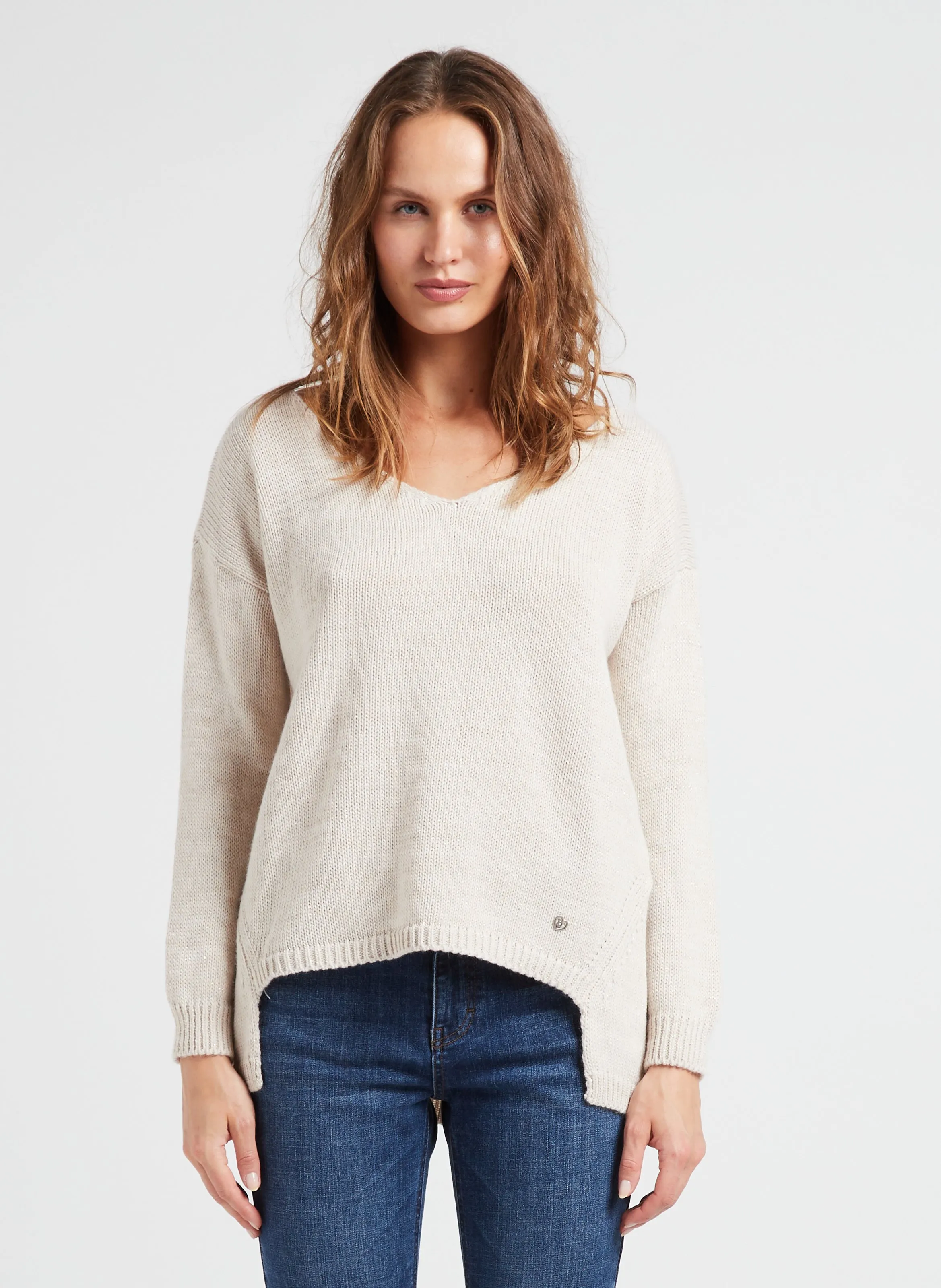  PLEASE   Maglione scollo a V in maglia metallizzata | Bianco