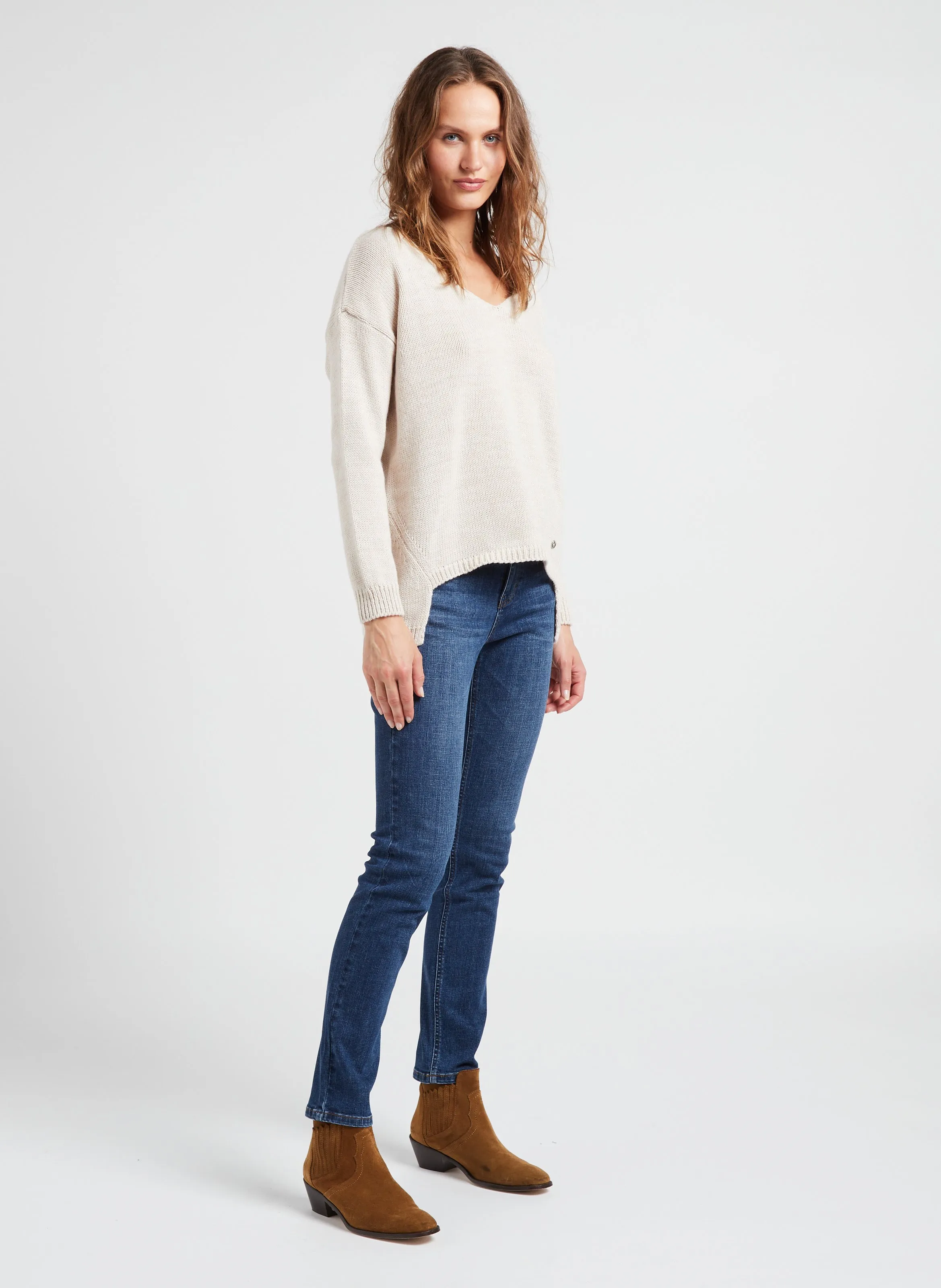  PLEASE   Maglione scollo a V in maglia metallizzata | Bianco