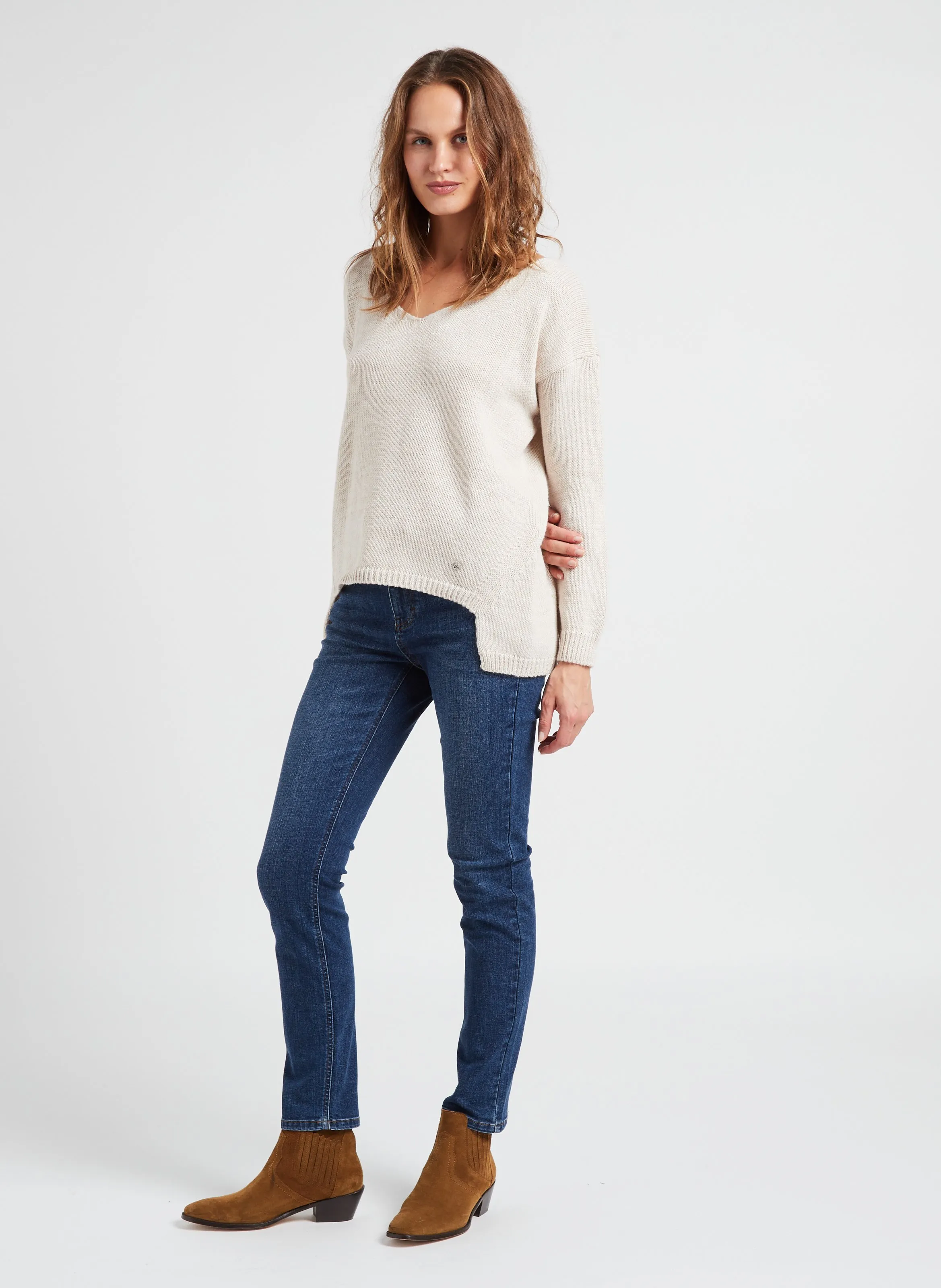  PLEASE   Maglione scollo a V in maglia metallizzata | Bianco