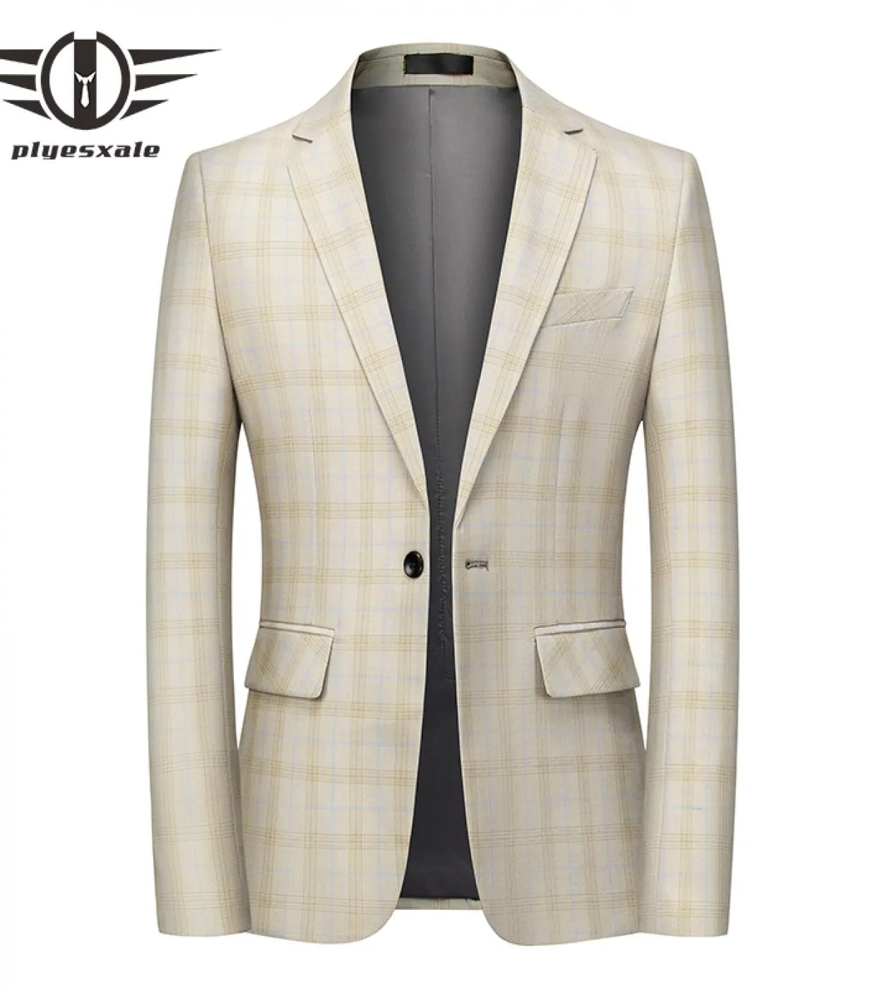 Plyesxale Brand Big Size Blazer beige Casual Masculino Chaqueta Formal Hombre Mens Blazer scozzese Giacca da lavoro M6