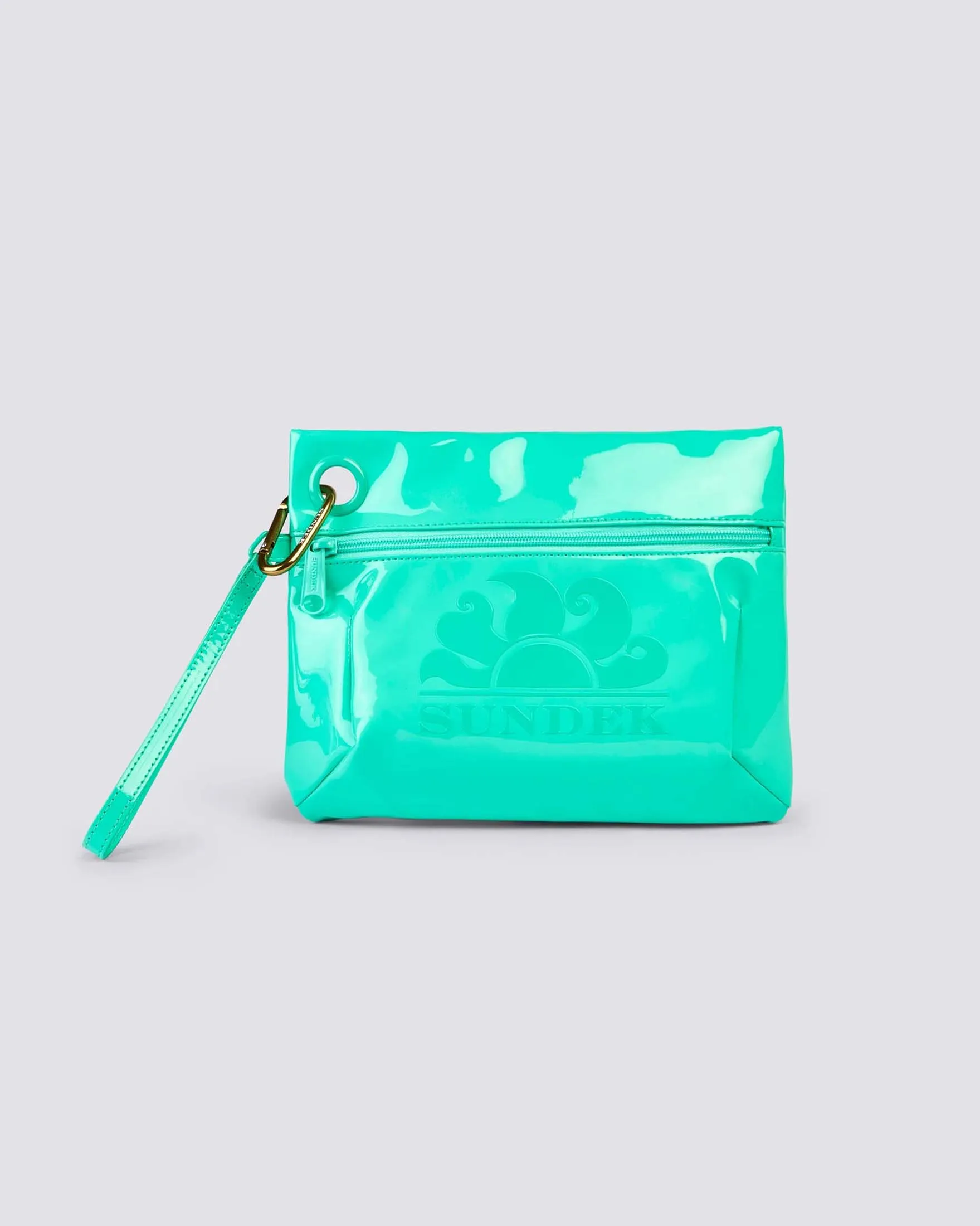 Pochette verde acqua in materiale inpermeabile lucido con patch logo in gomma e laccetto