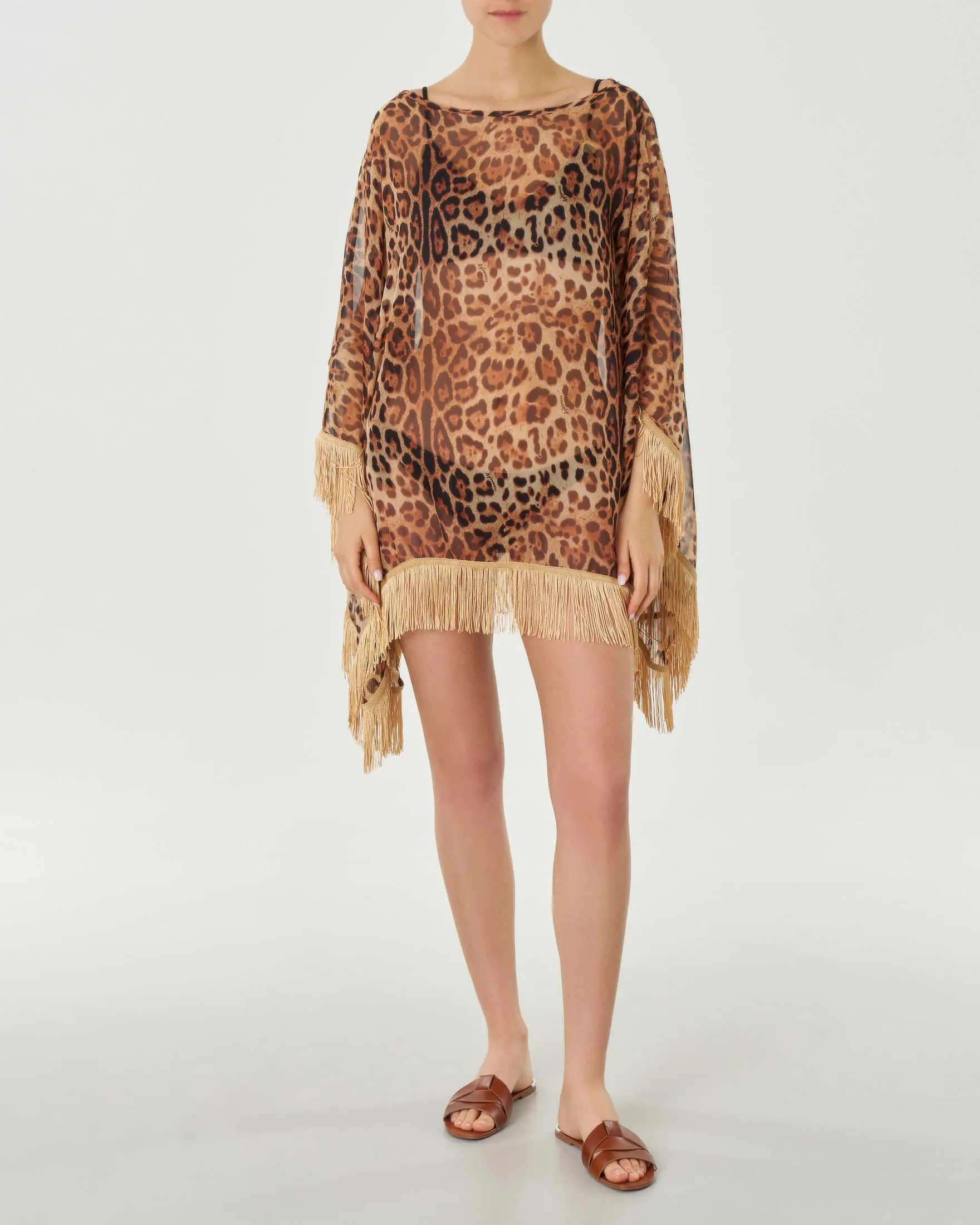 Poncho in creponne a fantasia animalier con frange color oro applicate al fondo
