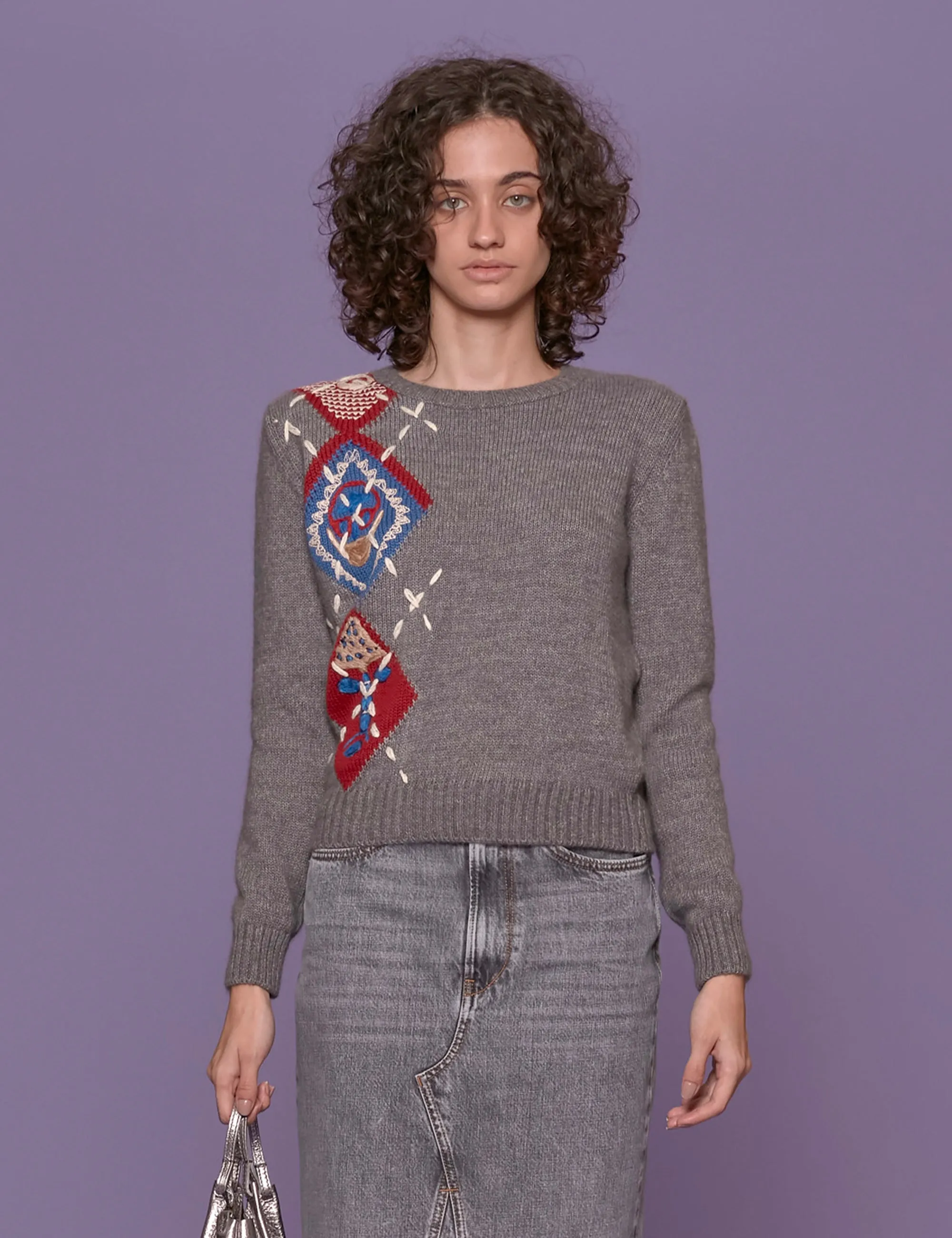 pullover girocollo intarsio grigio