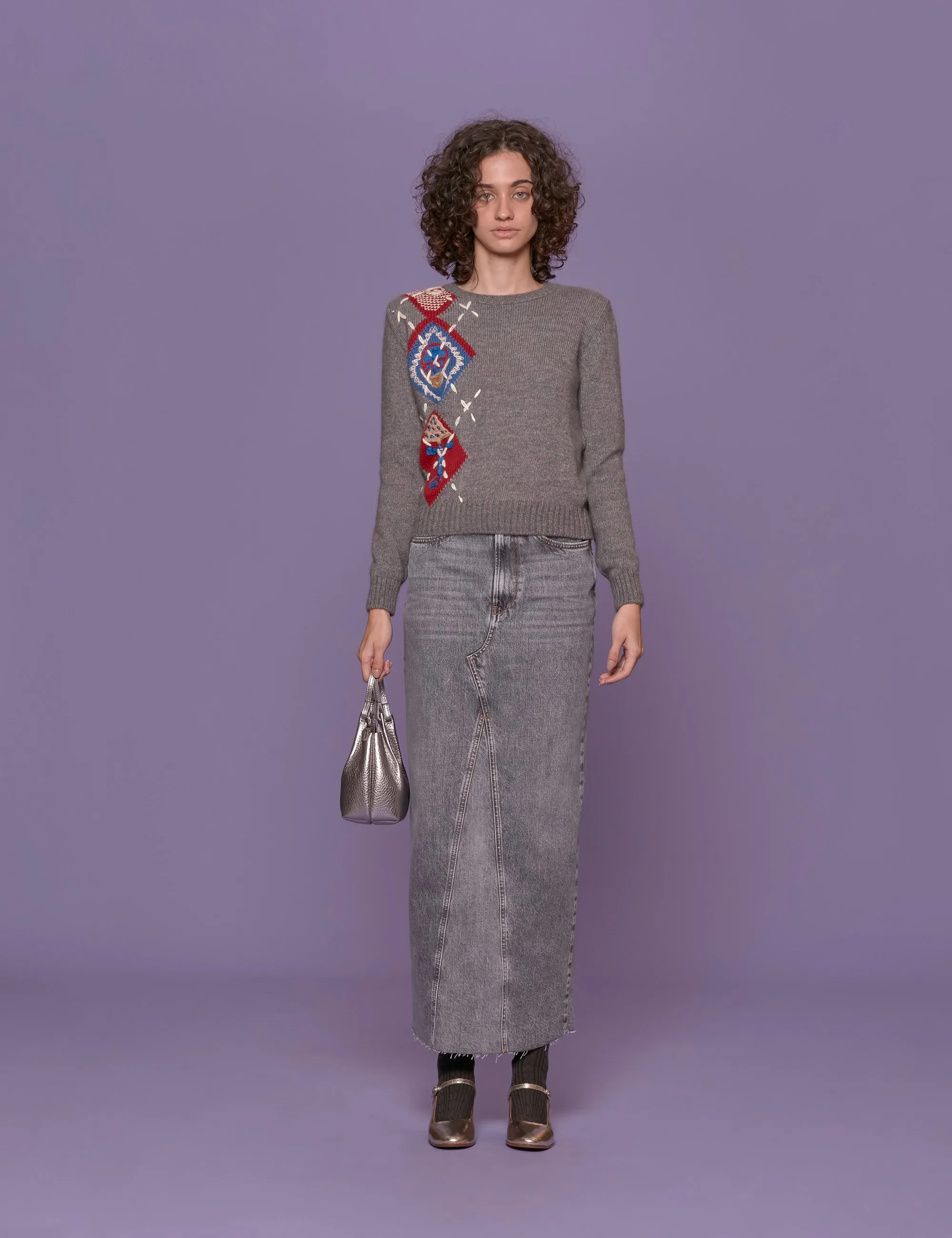 pullover girocollo intarsio grigio