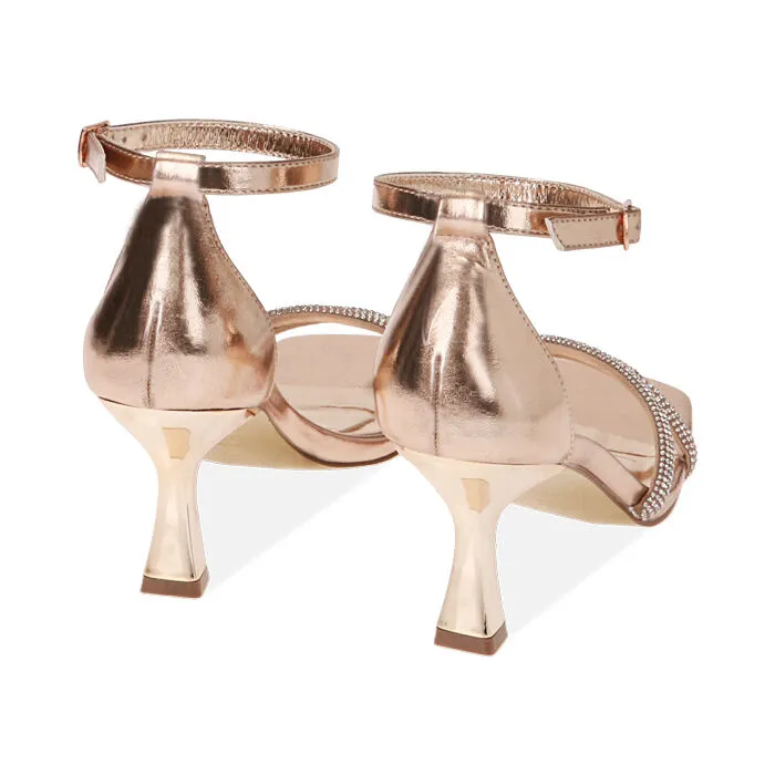 Sandali rosa-oro in laminato con pietre, tacco 7,5 cm